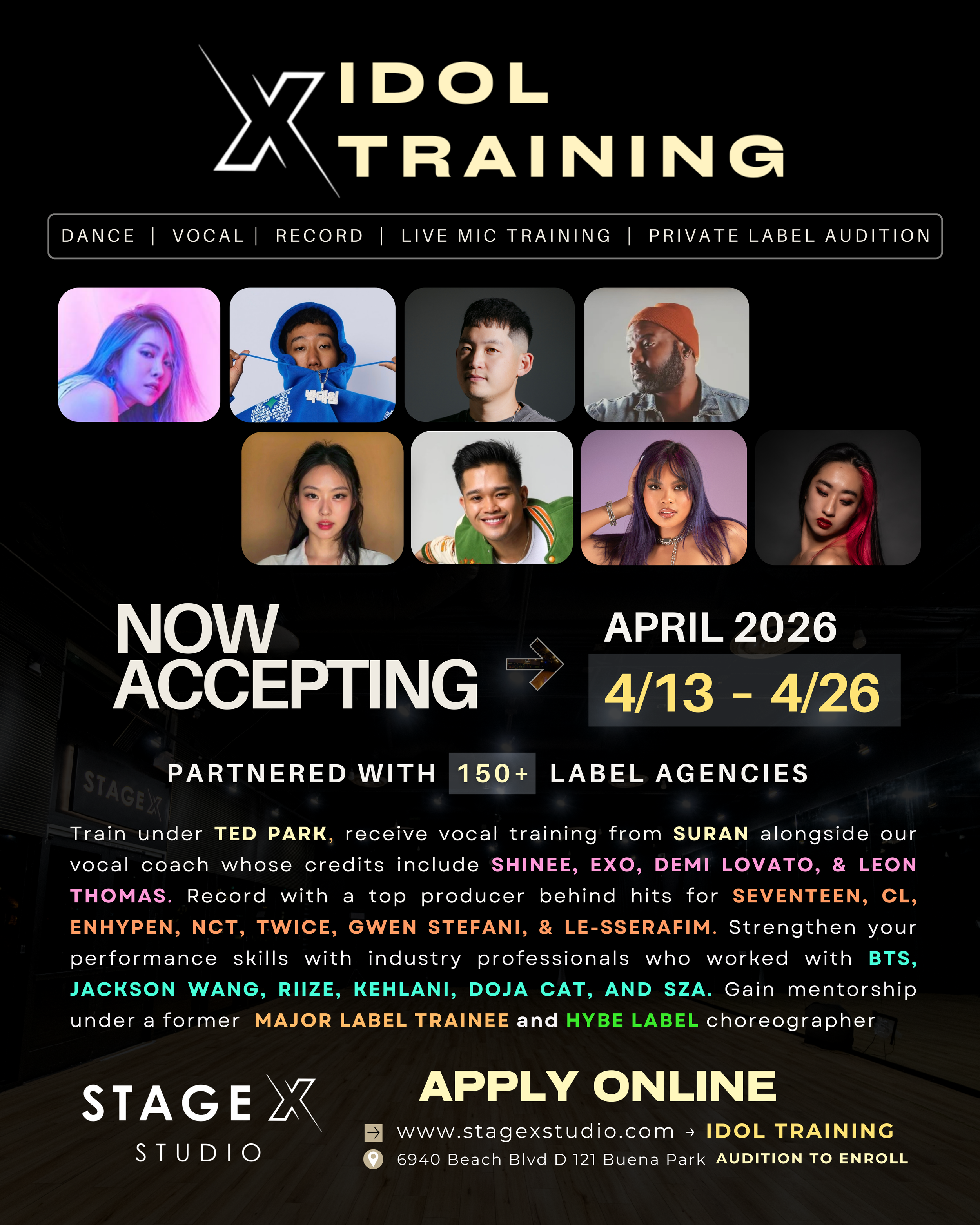 Advertisement for Idol Training at Stage X Studio featuring photos of diverse young individuals, details about training programs from April 13 to April 26, 2026, and instructions to apply online.