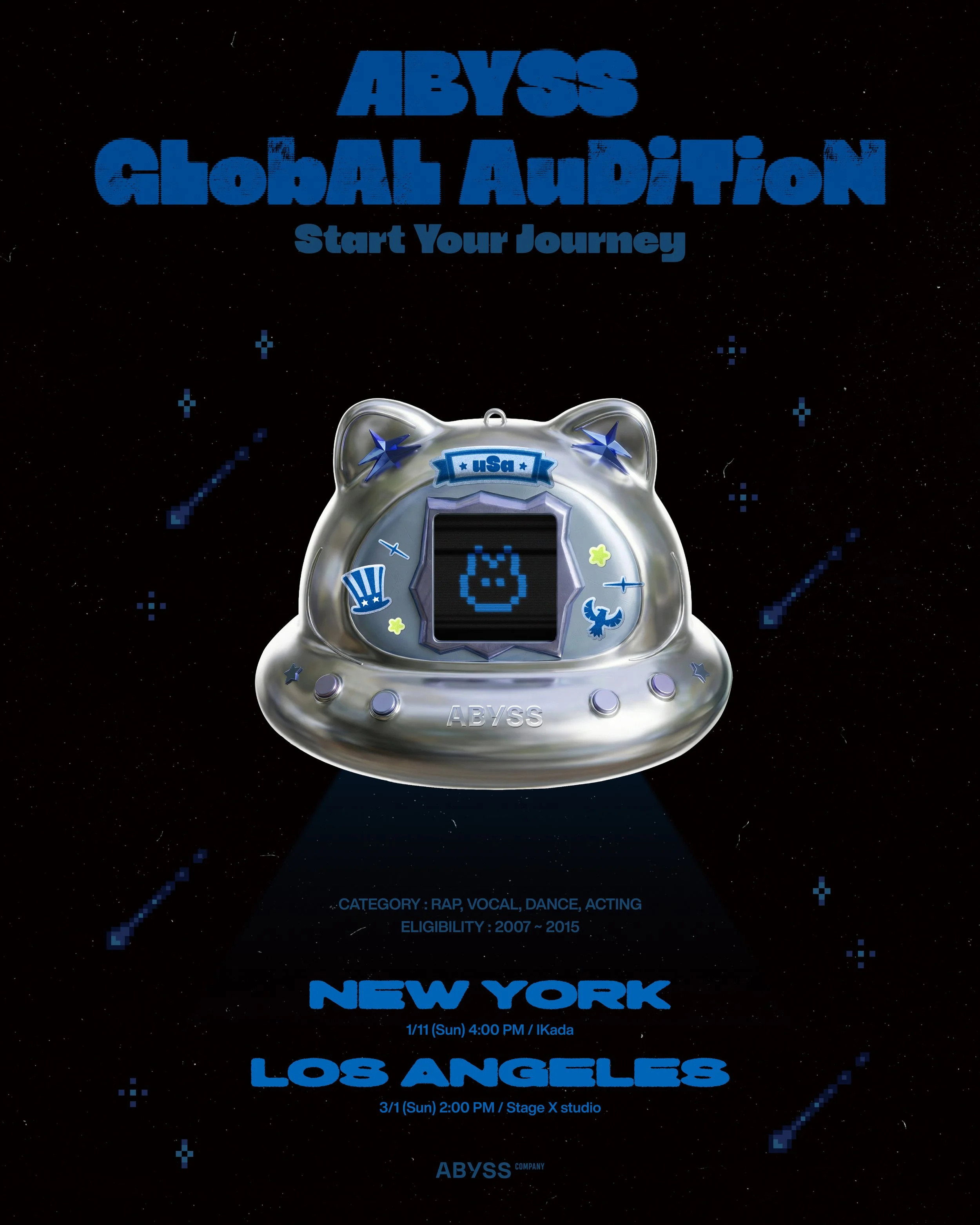 A promotional poster for the ABYSS gig series featuring a silver Abys smartwatch with pixel art icons. The background is black with blue pixelated space-themed elements. The poster includes details for shows in New York on January 11 and Los Angeles on March 1.