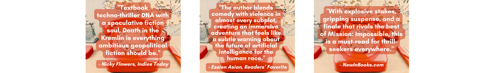 Book review blurbs over a red phone in front of a wall map