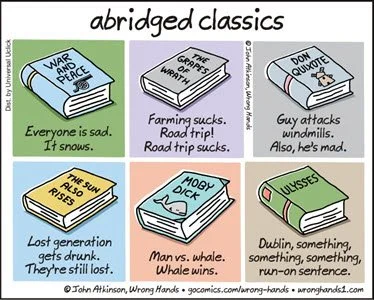 cartoon images of classic novels with 2-3 sentence funny summaries