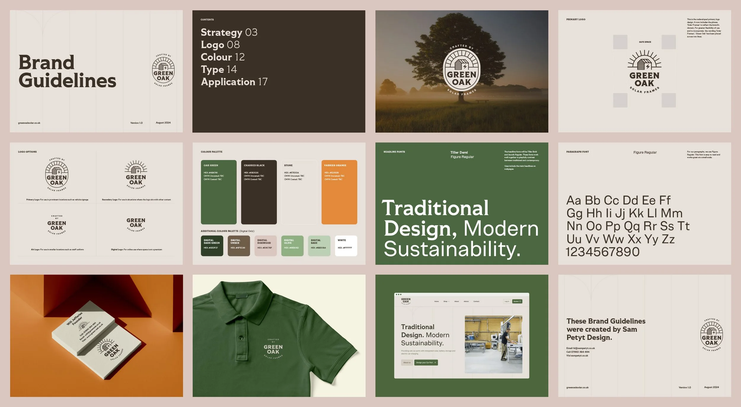 Brand guidelines layout for "Green Oak," featuring logo options, color palette, font selections, and applications. Includes images of branded business cards and a polo shirt with the Green Oak logo.