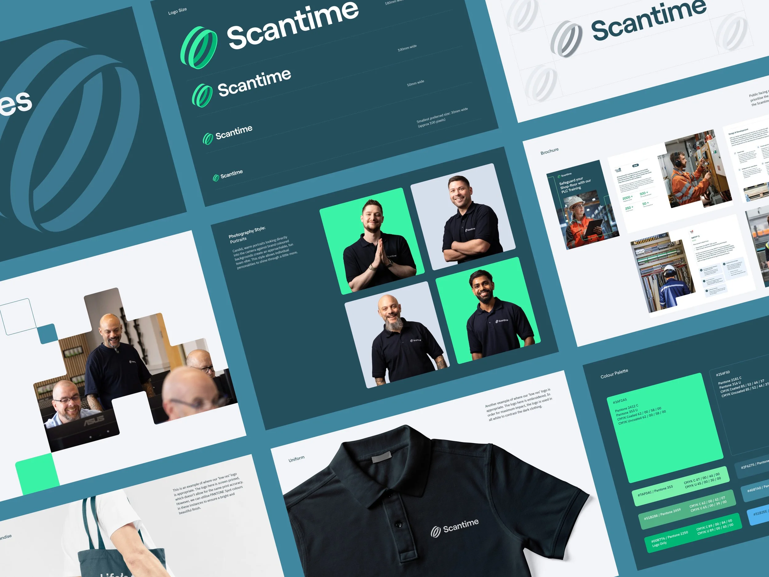 Collage of brand guidelines for 'Green Oak,' featuring logo options, color palette, typography, and applications on business cards and apparel. Emphasizes traditional design with modern sustainability.