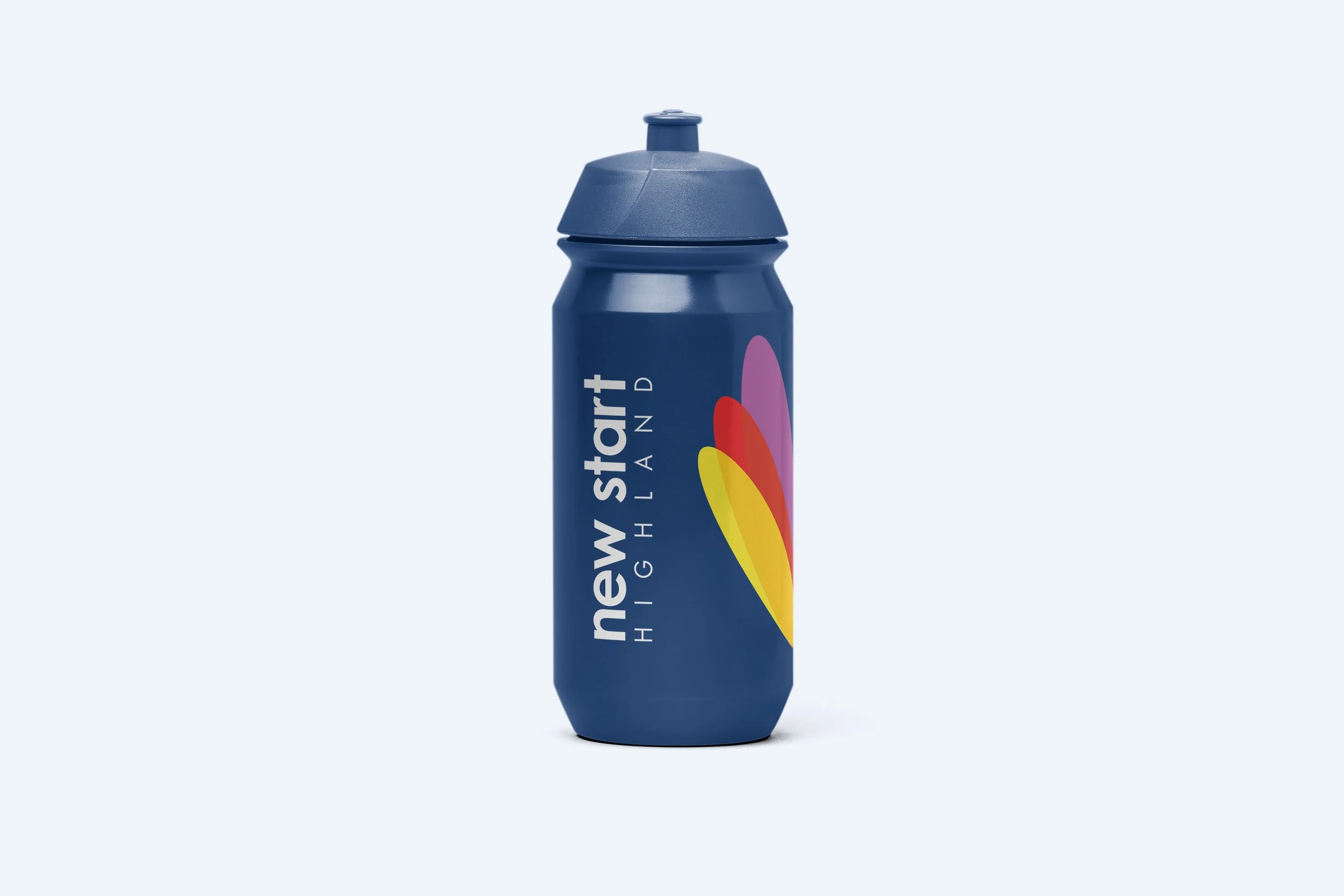 Blue water bottle with "new start highland" text and colorful logo on a light background.