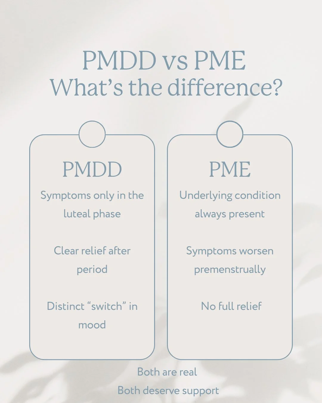 Premenstrual Exacerbation (PME) is often missed.

This is where an existing condition such as anxiety, ADHD, or depression becomes significantly worse before a period.

The distinction matters because it can change how we approach treatment.