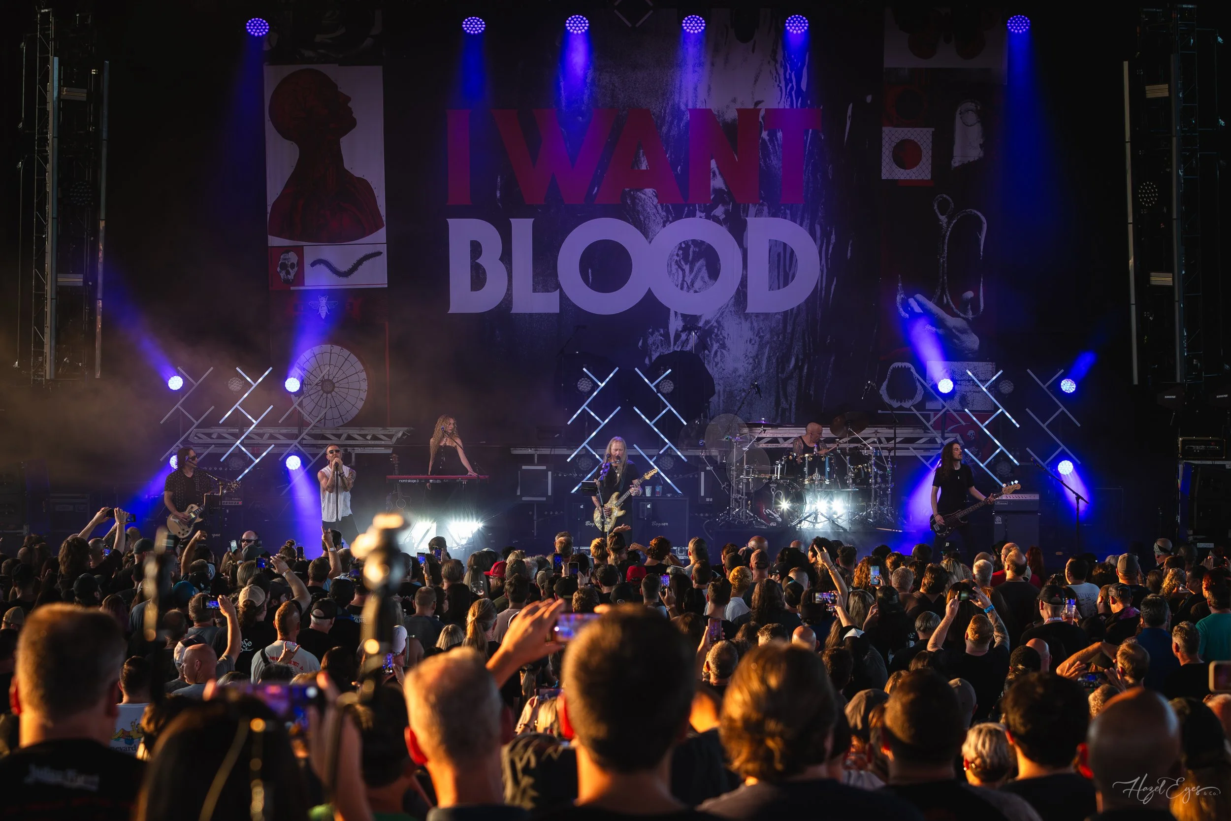 Jerry Cantrell in concert at Michigan Lottery Amphitheatre at Freedom Hill in Sterling Heights, MI on August 16, 2024. Guitarist on stage backlit with bright stage lighting with audience in foreground. With the "I WANT BLOOD" stage backdrop showing.