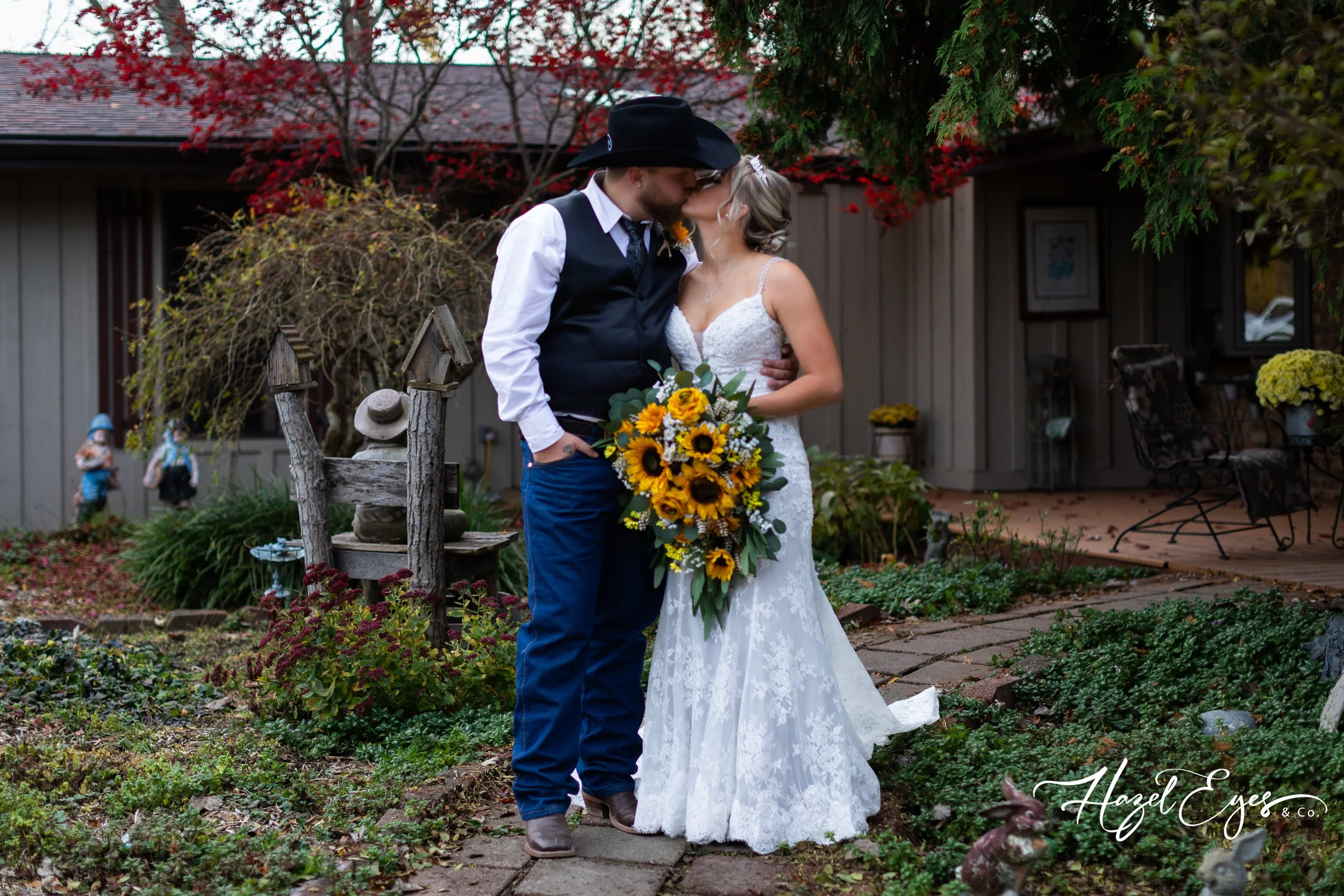 bride groom sunflower bouquet cowboy hat wedding at home country fall Michigan