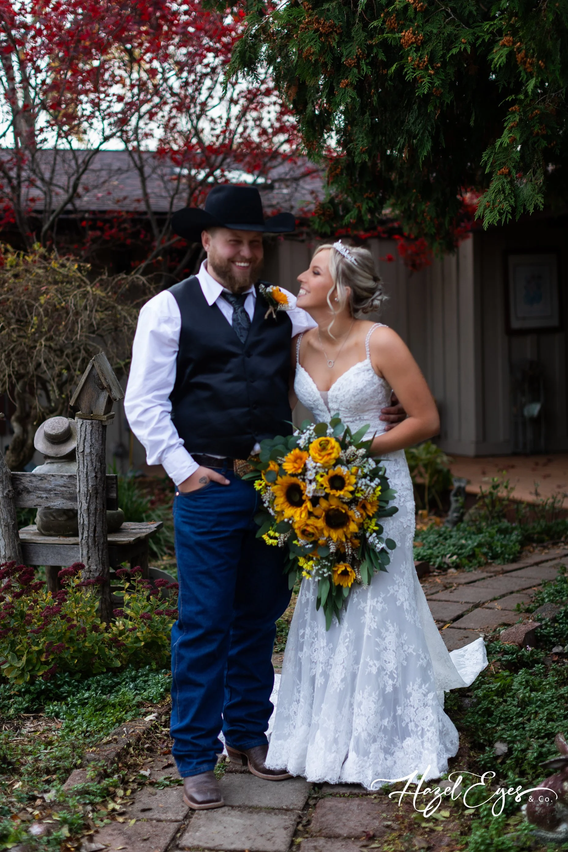 bride groom sunflower bouquet cowboy hat country wedding at home fall Michigan