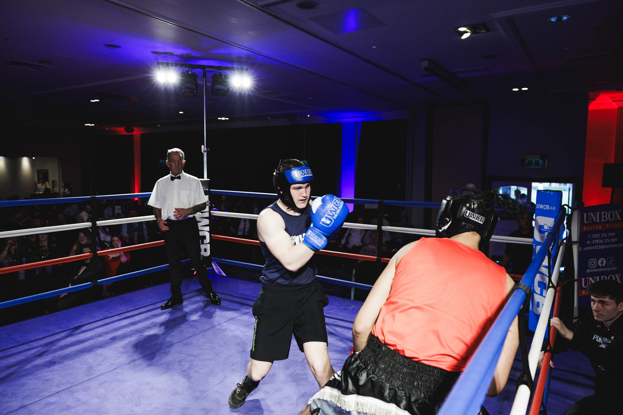 A boxing match in a ring with two fighters, one in red gloves and the other in blue gloves, and a referee watching, with an audience in the background.