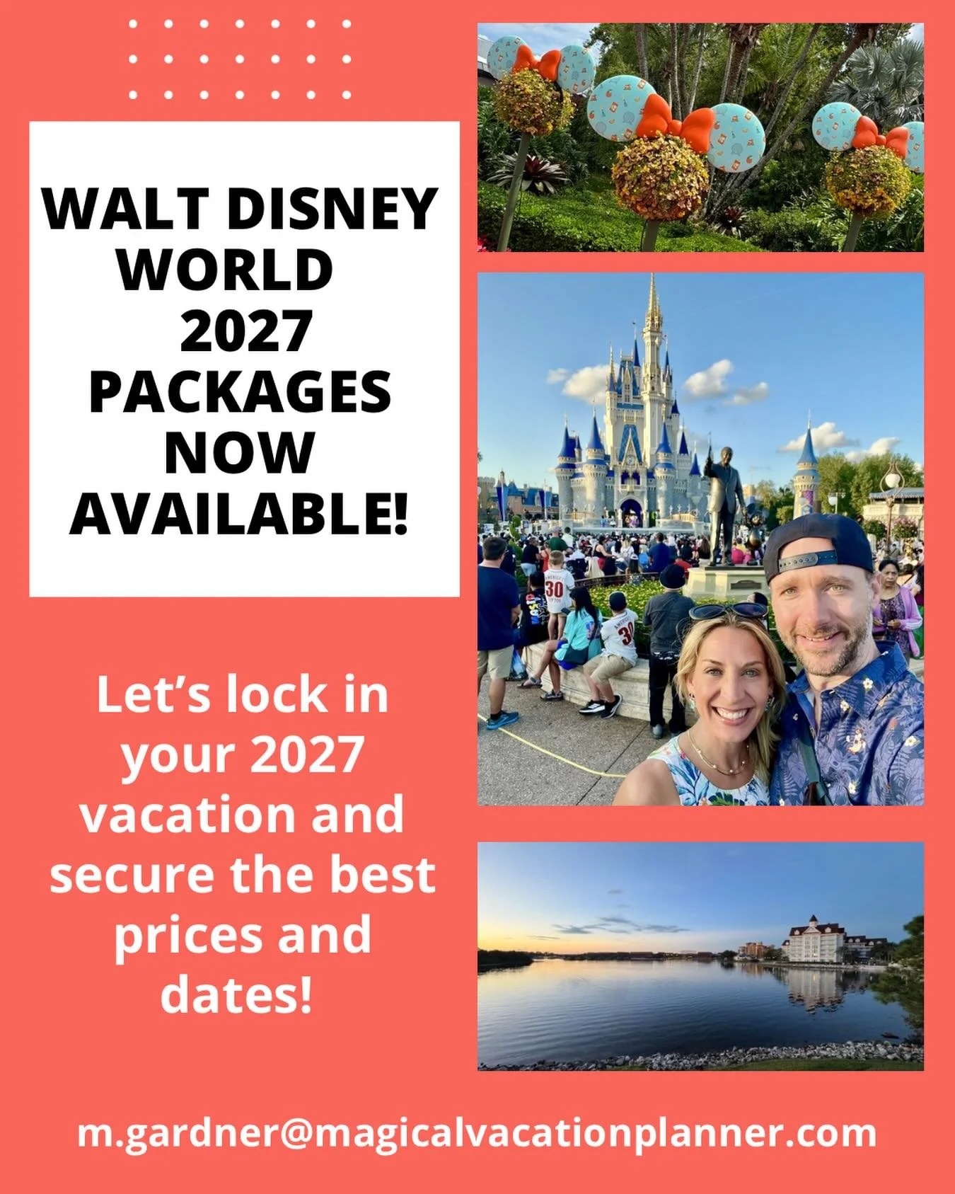 🥳 Walt Disney World 2027 packages are officially open!

Booking early means 
🛏️The best resort options
💵Better pricing and more time to make payments towards your vacation
⏰Time to plan without the stress

And the best part, booking with me is the