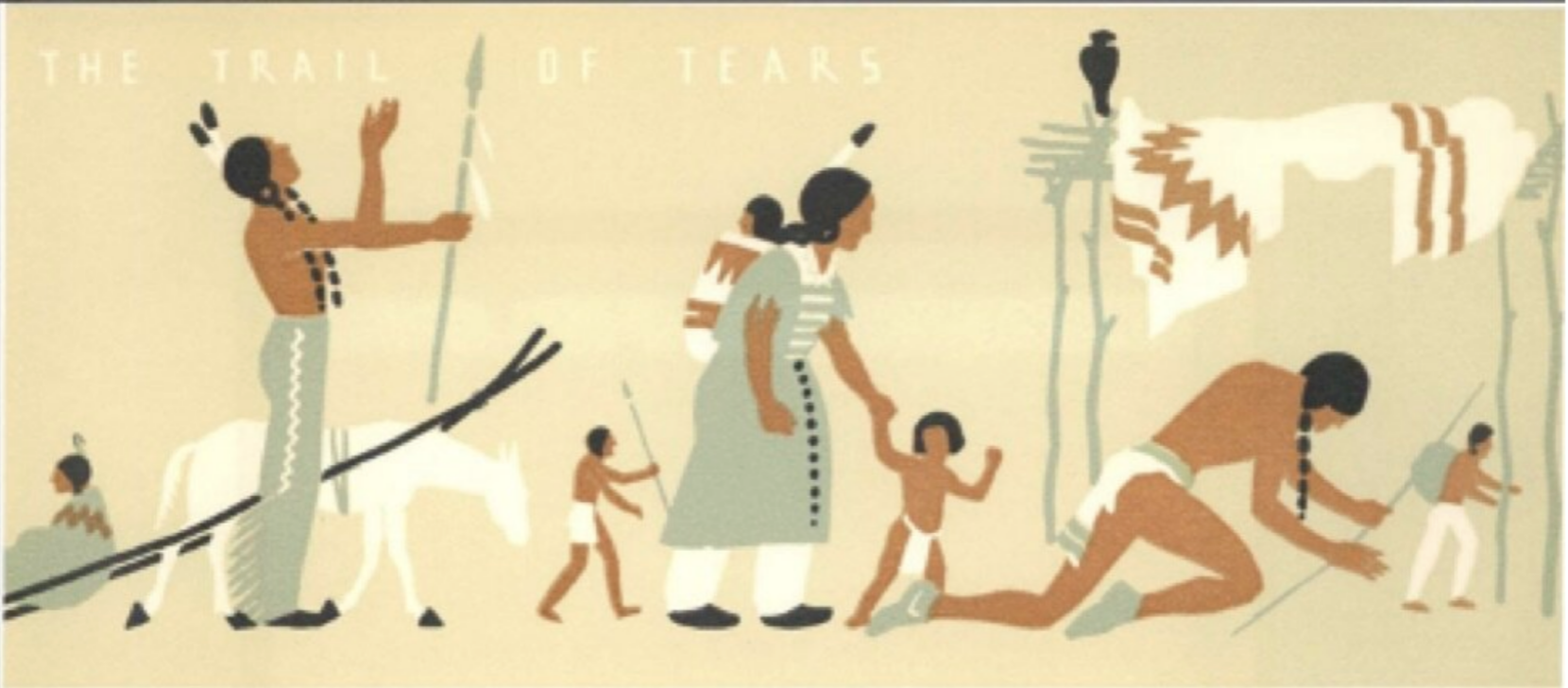 1939 PAGE HEADER. Graphics show the struggles on the Trail of Tears.