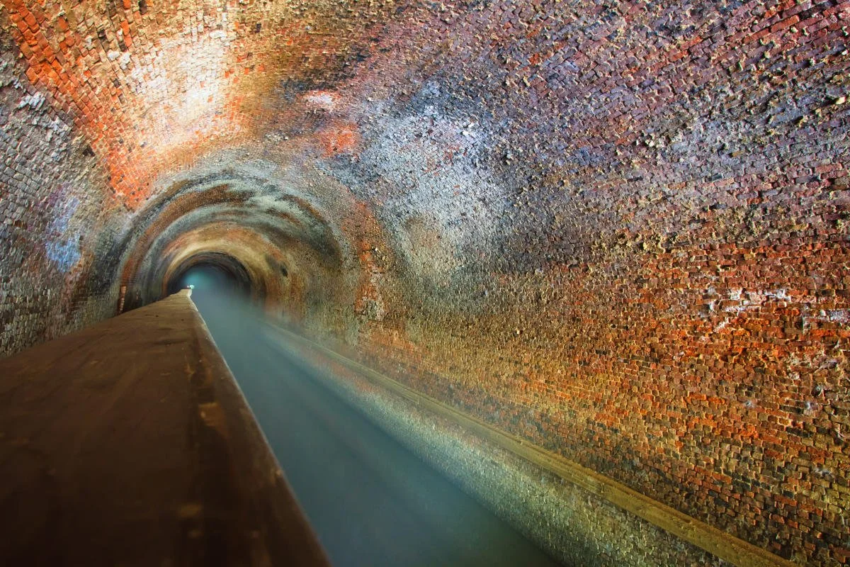 Looking down a brick-lined tunnel with water flowing through the middle.