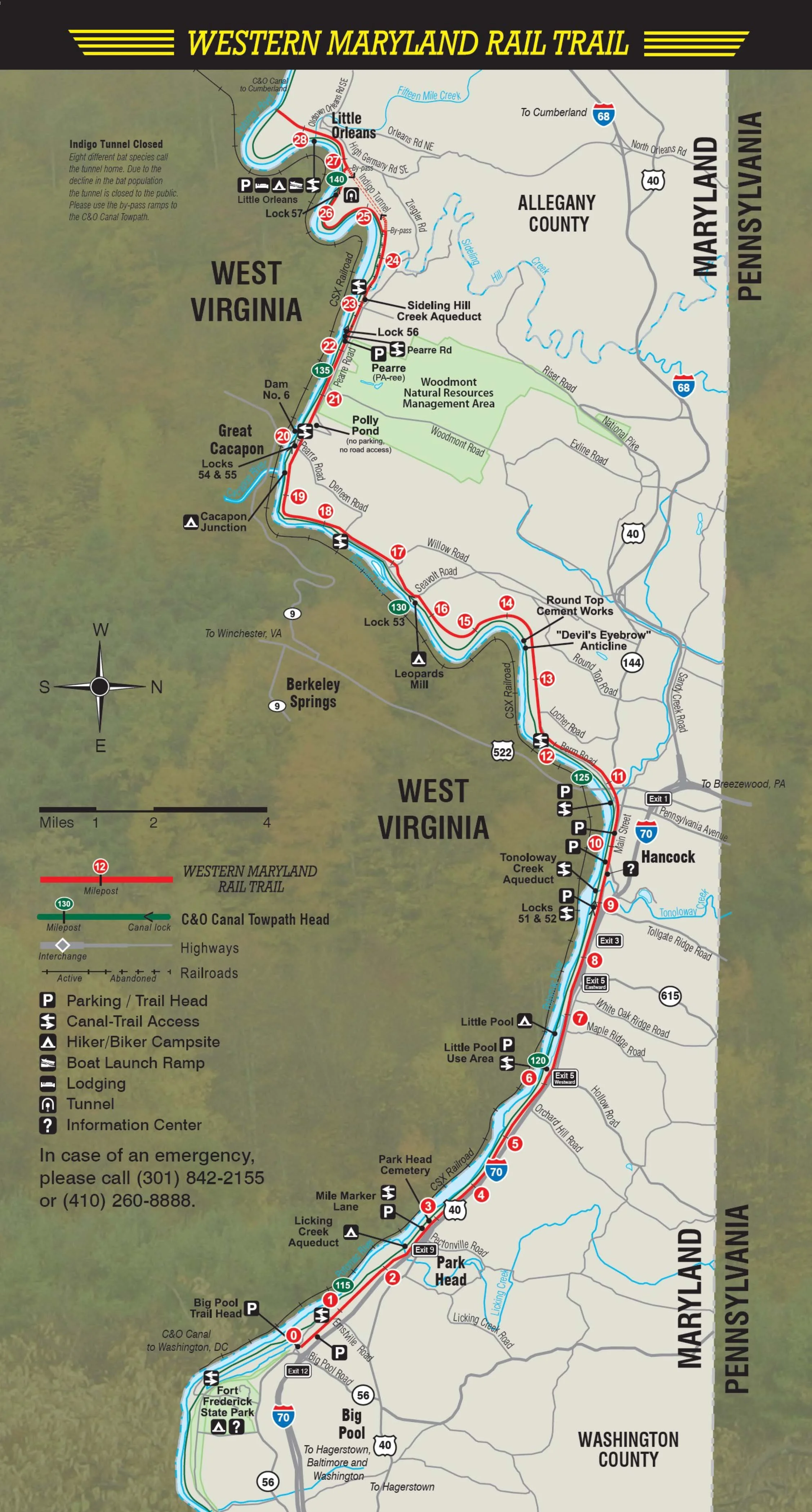 Map of the Western Maryland Rail Trail, showing the route from Fort Frederick State Park to Big Pool, with mile markers, camping sites, tunnels, bridges, and points of interest along the trail in Maryland.