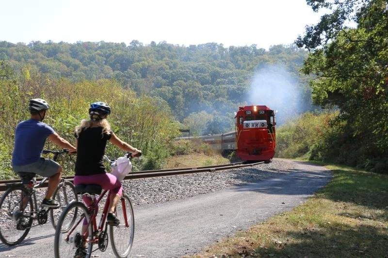 Two children riding bicycles beside a railroad track, with a train approaching in the distance, amidst a scenic landscape of trees and hills.