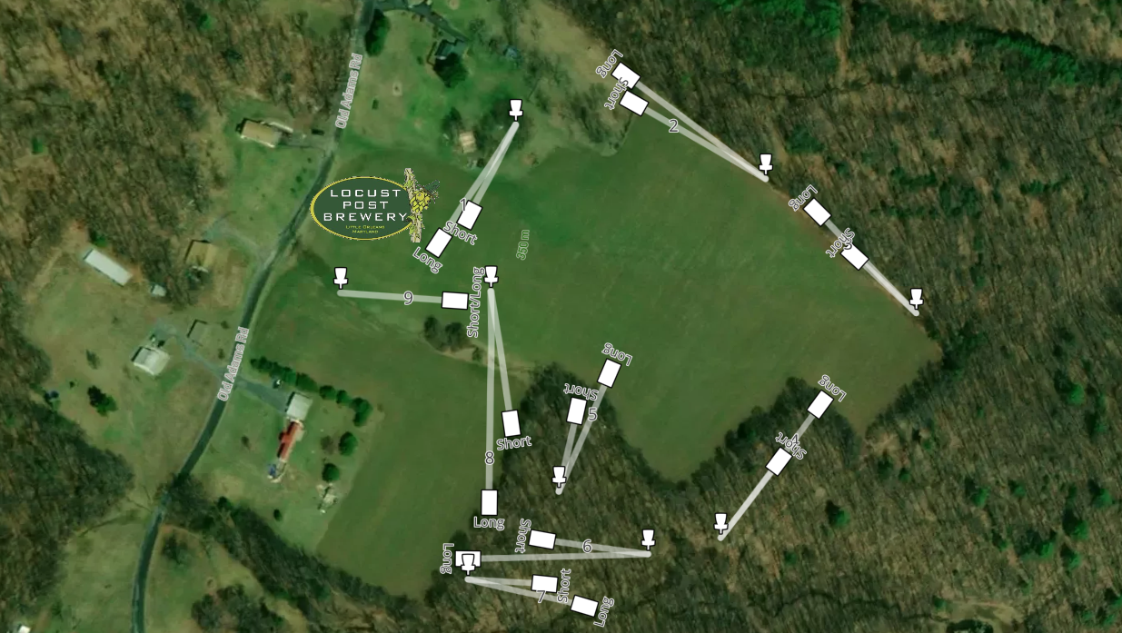 Aerial map of a brewery with labeled hop yard and walking paths, featuring marked hop varieties, distances, and plantings.