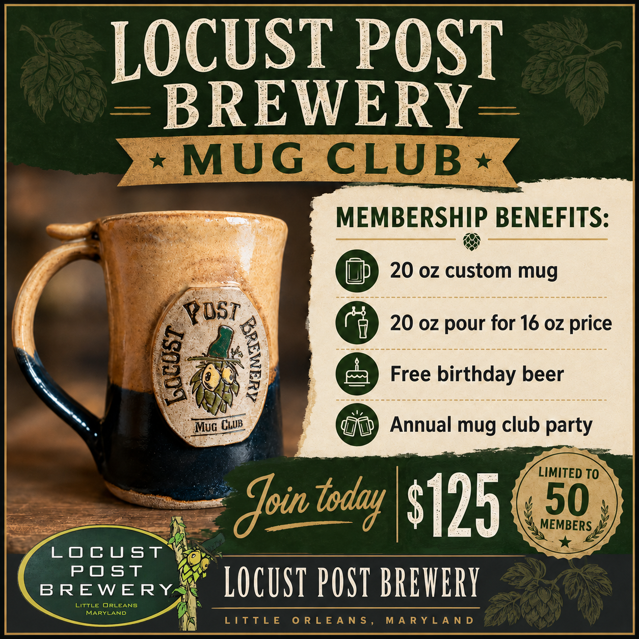 A poster for the Locust Post Brewery Mug Club features a large ceramic mug with a brewery logo, and details about membership benefits such as a custom mug, pour option, free birthday beer, and annual party. The poster highlights joining for $125, limited to 50 members, with brewery location in Little Orleans, Maryland.