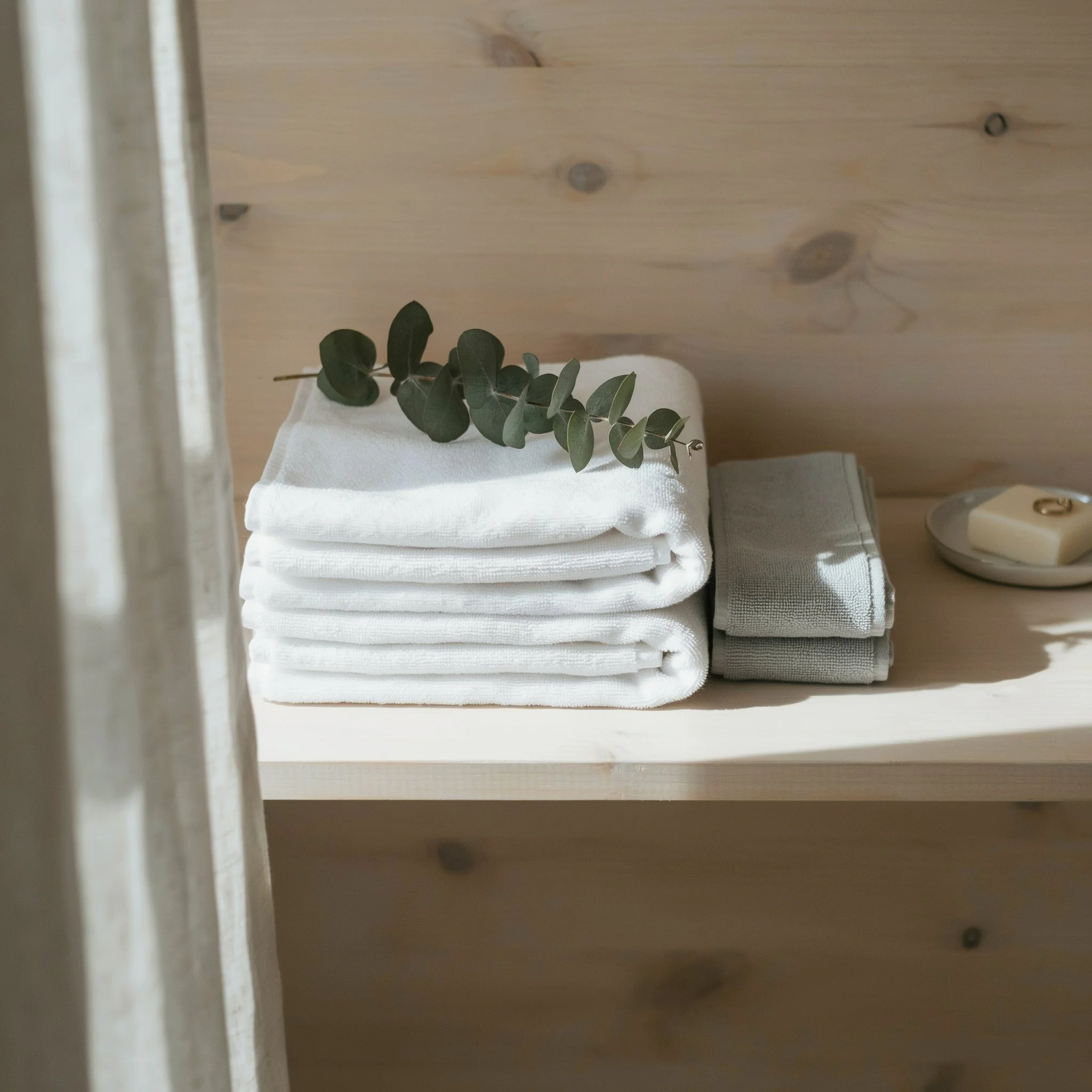 Neatly folded fresh white towels stacked on a bathroom shelf, tips for eliminating musty towel odor after washing