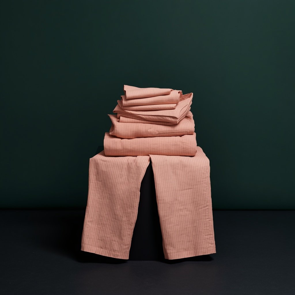 stack of peach shirt, pants and sheets laundry. Wash and fold laundry service in Long Beach