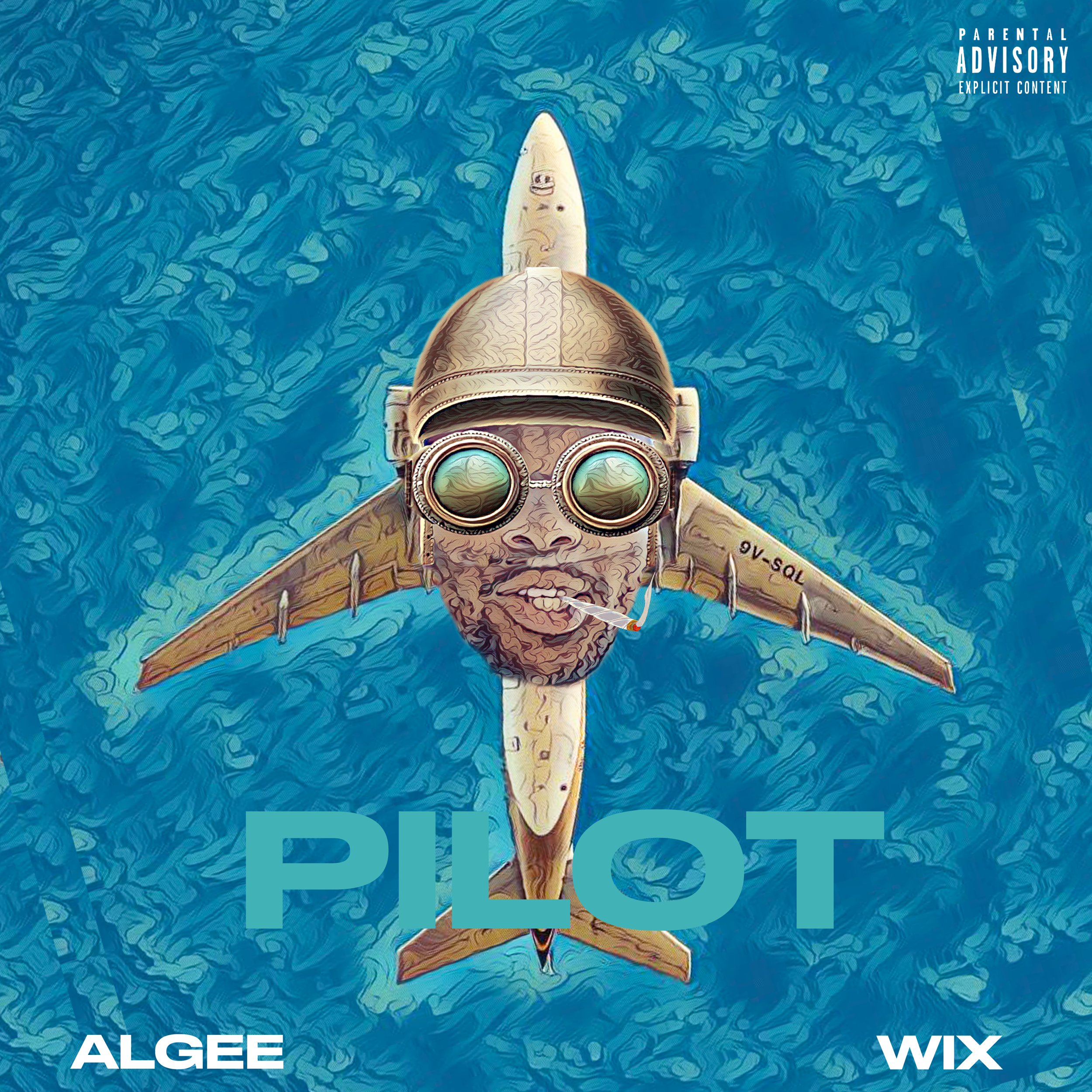 An illustrated poster of a person with glasses and cigarette in mouth, flying integrated with a shark and airplane, over a blue textured background, with text 'PILOT' and artist names ALGEE and WIX, and parental advisory label.