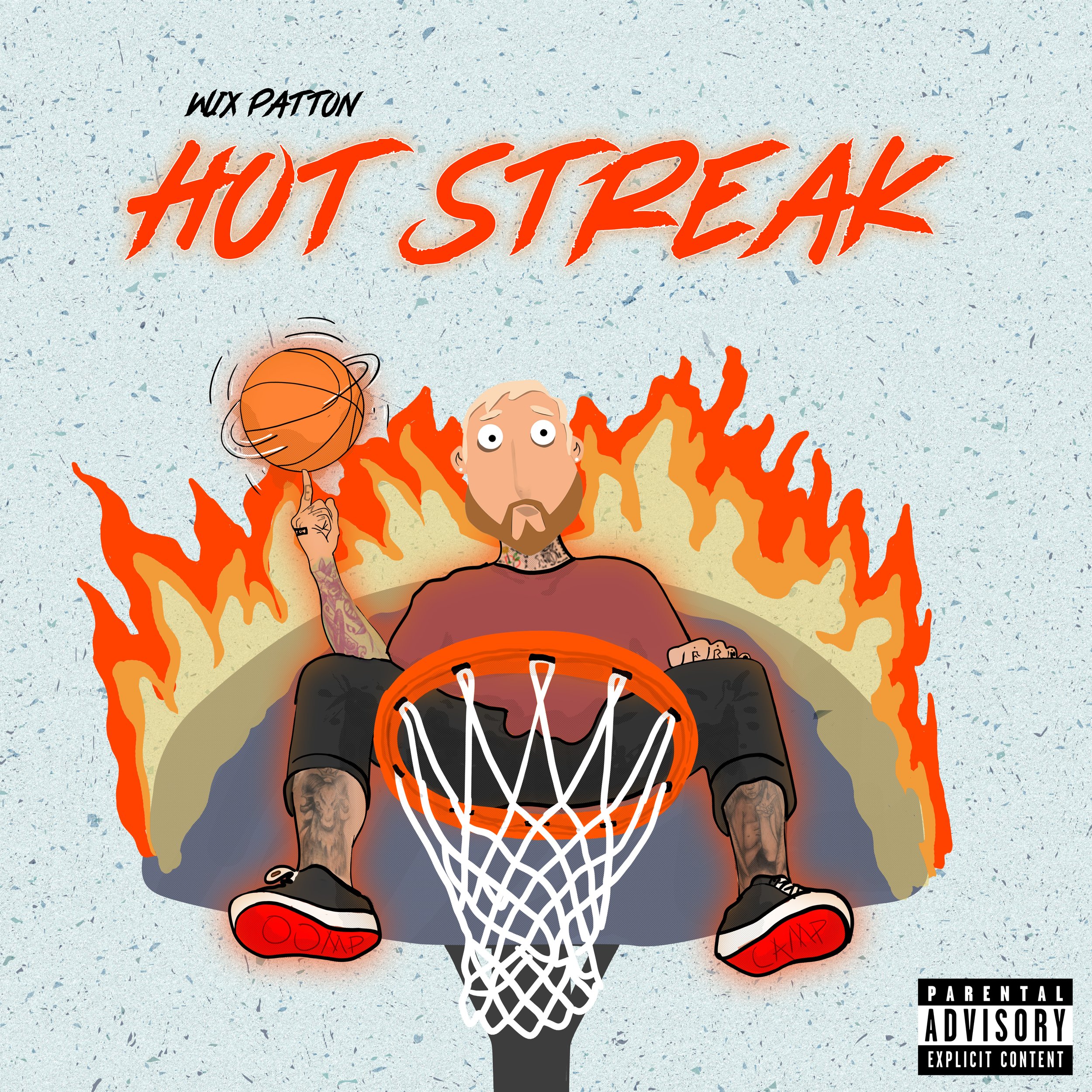 An animated illustration of a man with tattoos sitting, holding a basketball, with a flaming backdrop, a basketball hoop in front, and the text 'Hot Streak' at the top.