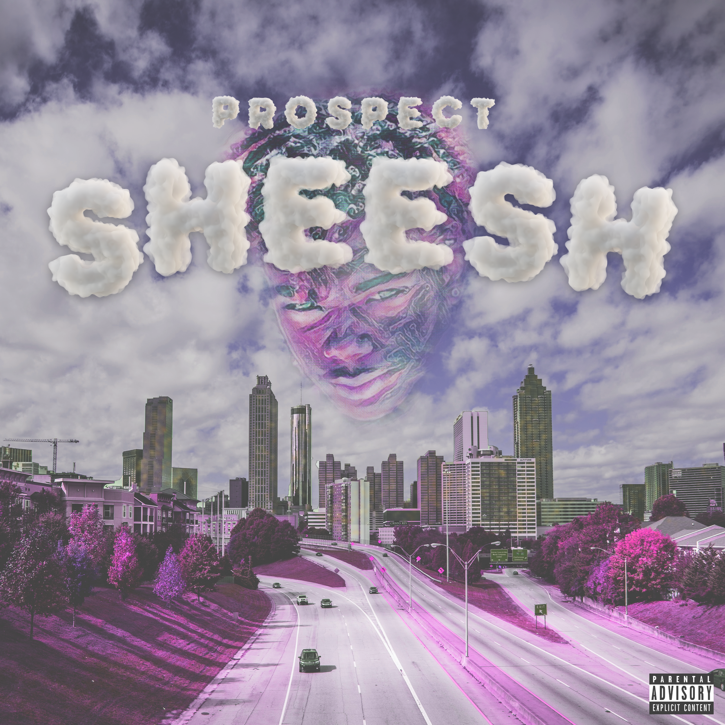 A city skyline with purple trees and a cloudy sky, overlaid with the word 'SHESH' in large cloud-like letters and a face in the sky, with the word 'PROSPECT' above.