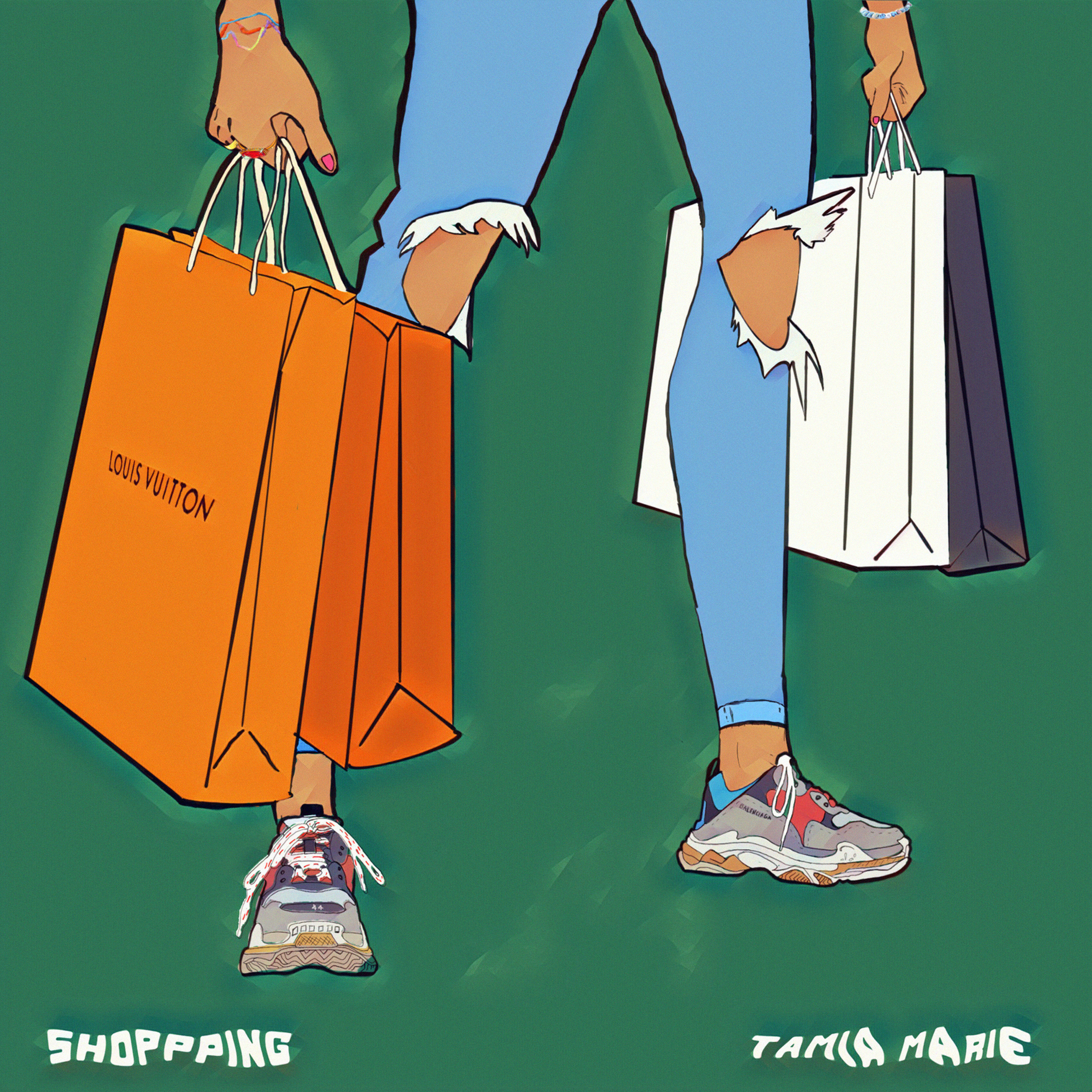 Two people standing with shopping bags, one orange Louis Vuitton bag and one white and black bag, wearing ripped jeans and sneakers on green ground.