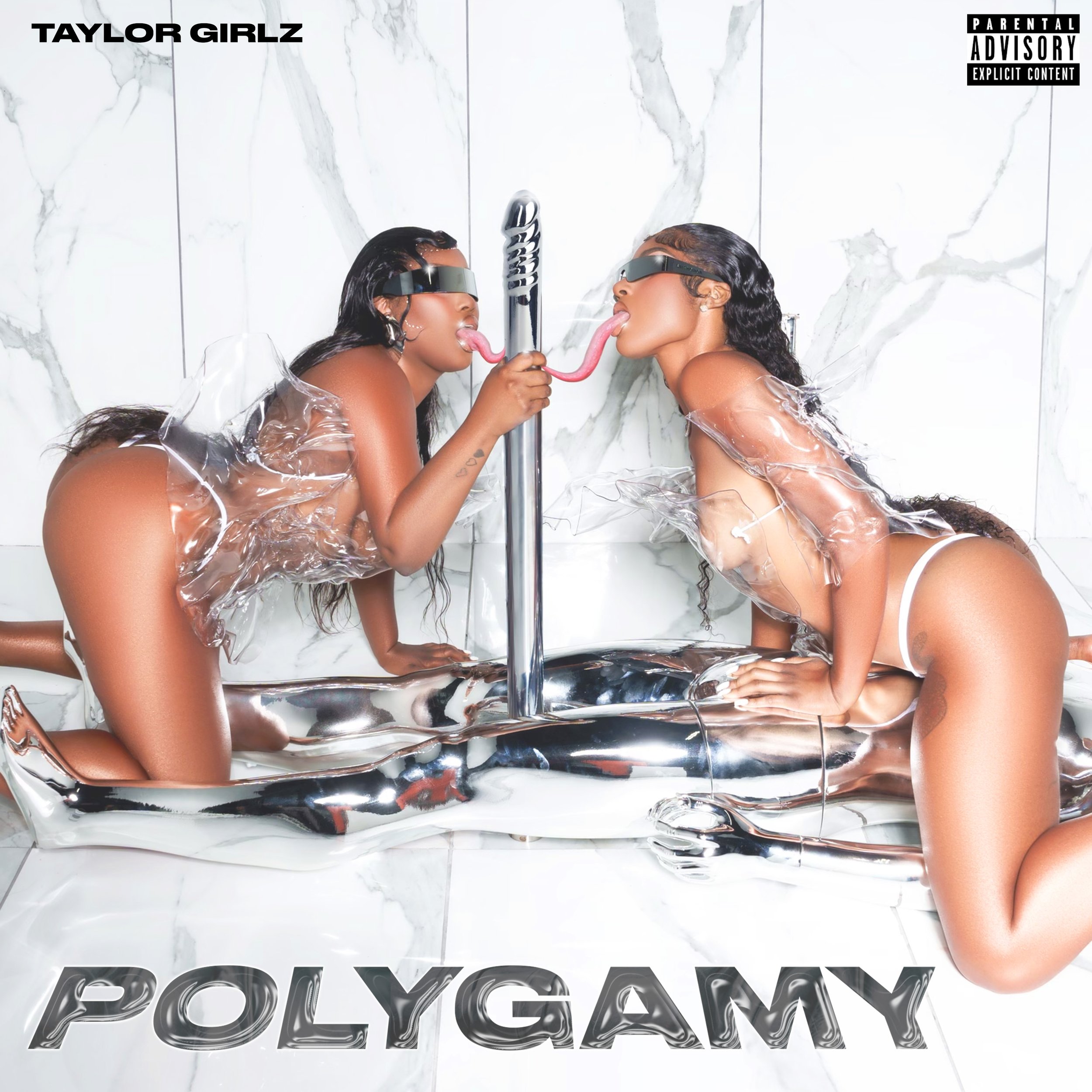 Two women with dark hair and sunglasses kneeling on a reflective surface in a white marble room, touching tongues while holding a microphone-like object, with the word "POLYGYAMY" written at the bottom.