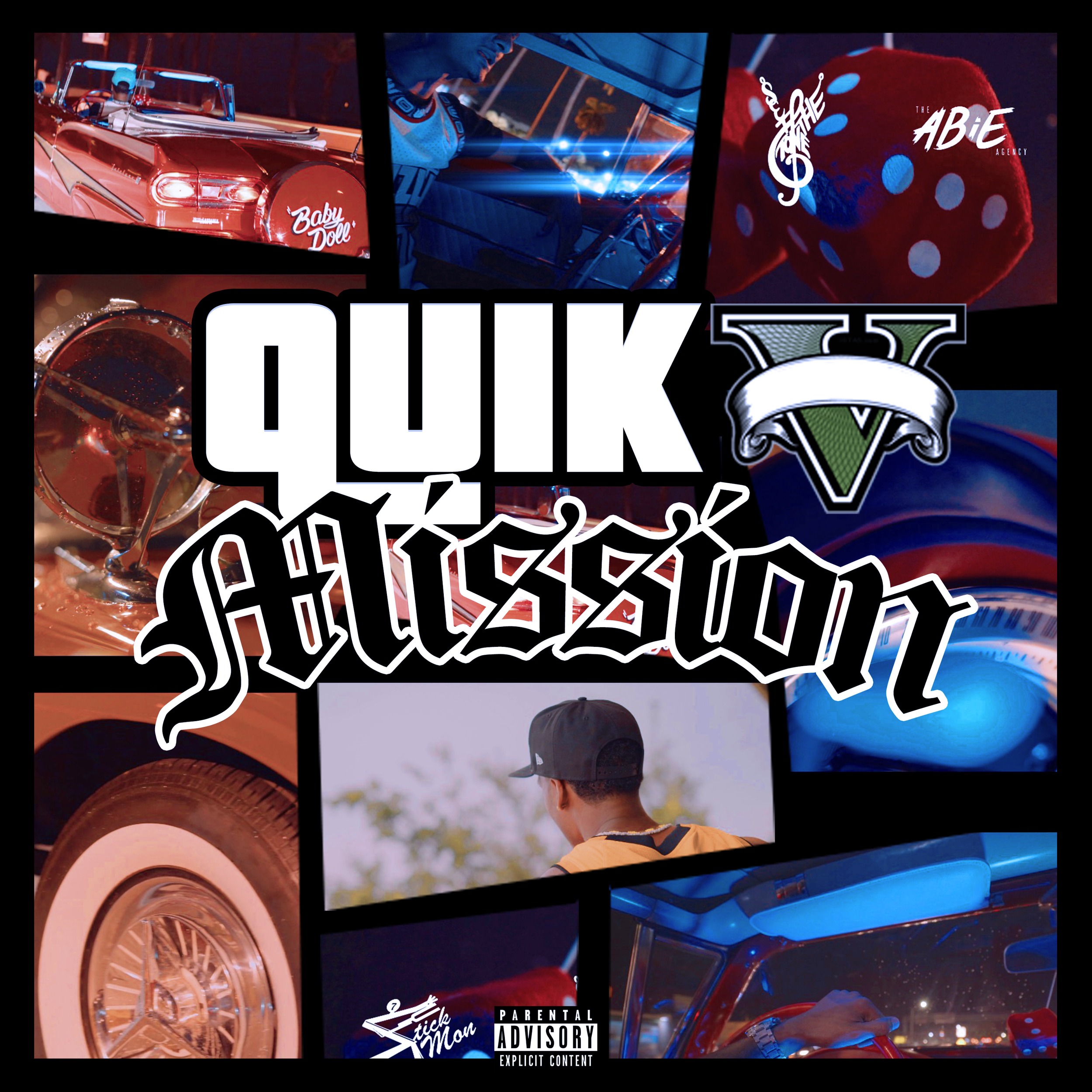 Collage of various images including a red vintage car, a man driving, a red die, a drink with ice, a close-up of a tire, a person wearing a black cap, and abstract images, with the prominent text 'QUICK HUSTLE' and GTA logo.