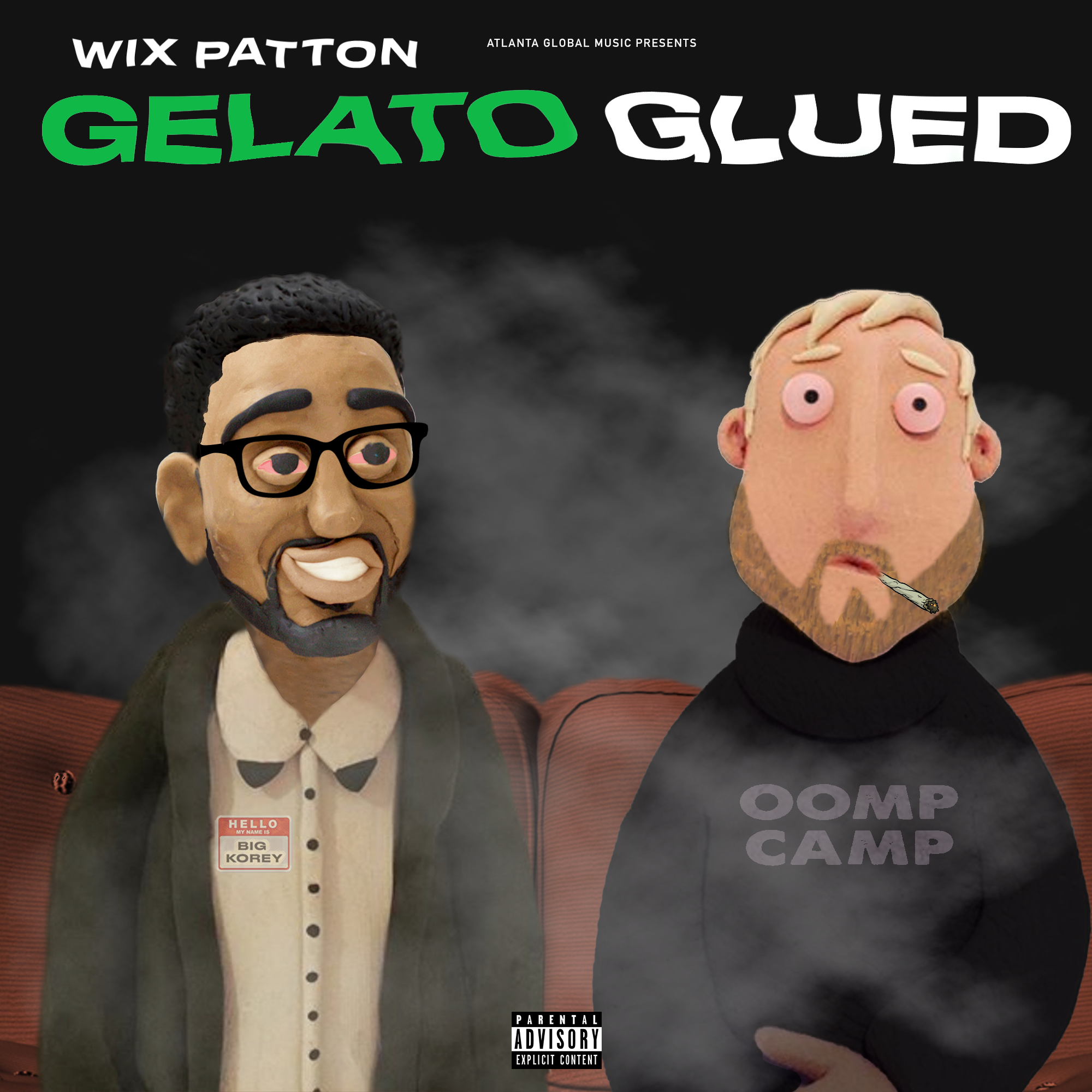 Album cover for Wix Patton's 'Gelato Glued' featuring illustrated characters of Wix Patton and another person, both with exaggerated facial features. Wix Patton has glasses, a beard, a mustache, and is smiling, wearing a name tag that says 'Hello My