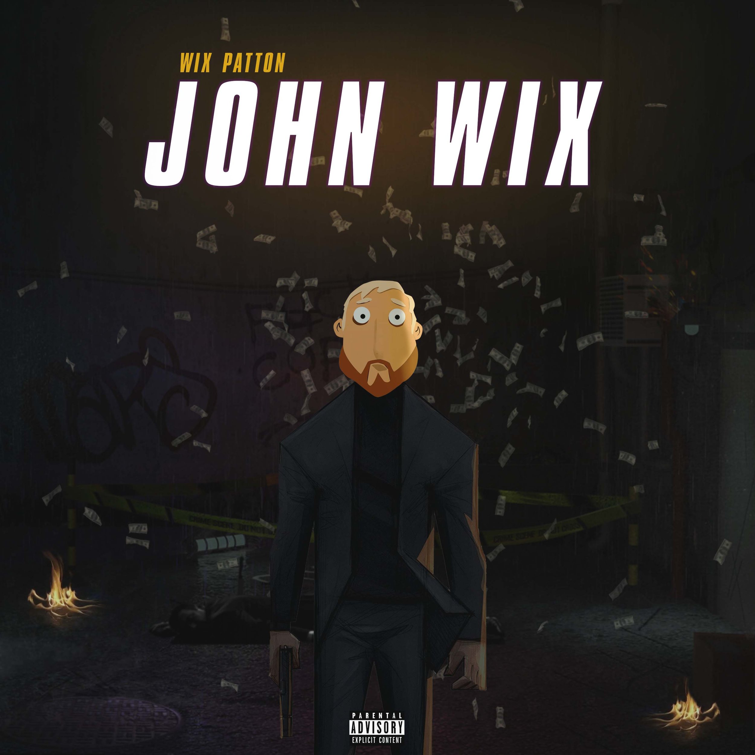 Digital illustration of a man with a beard and black clothing, holding guns, standing in a dark alley with money falling from above, caution tape, and burning objects on the ground. Text reads 'John Wix' with smaller text 'Wix Patton' above it.