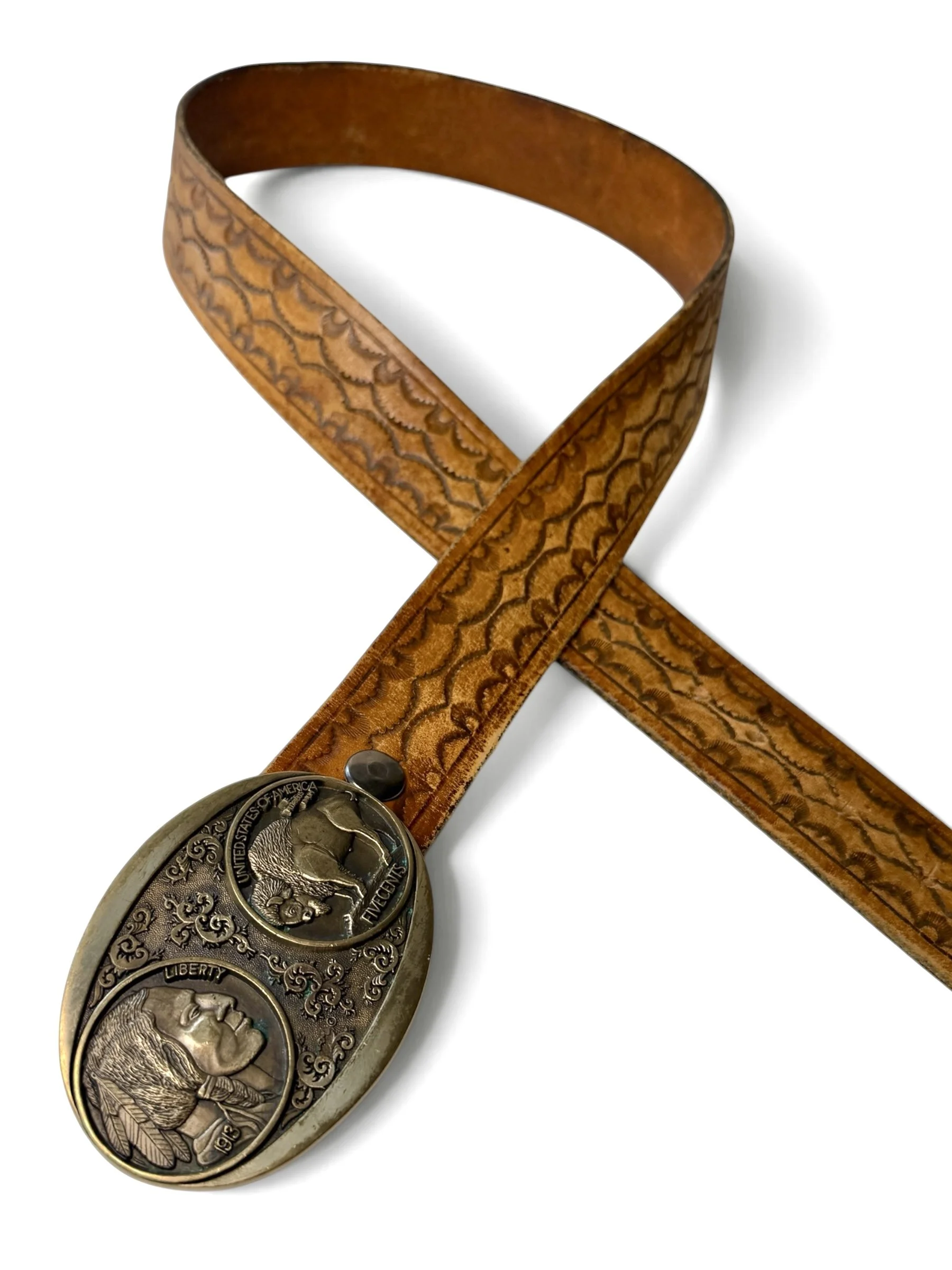 Vintage Brown Tooled Leather Belt With Brass Coin Buckle