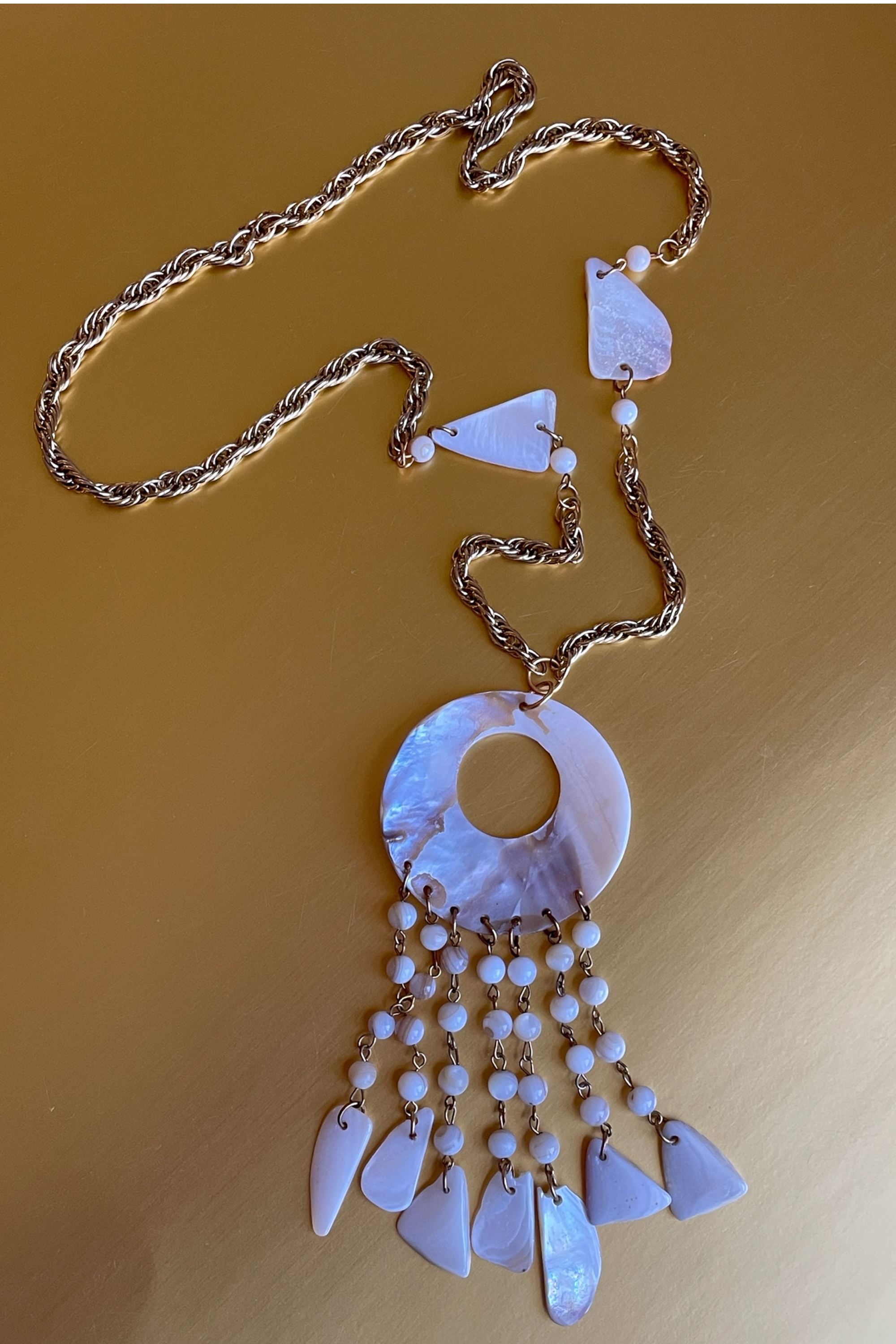 Vintage Mother Of Pearl Shell Necklace With Beaded Fringe