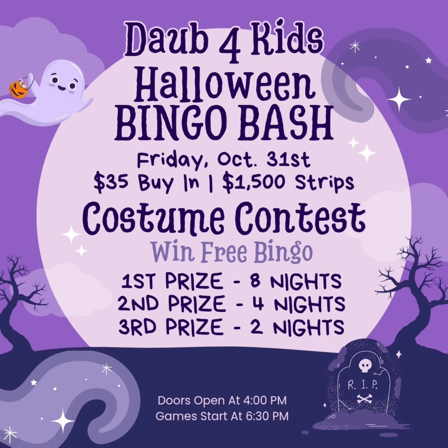 Come play with us this Friday for our Halloween Bingo Bash!
#bingo #daub4kids #oakleyca #bayareabingo #pulltabs #bingolife #justwin #bingocommunity #oakleycalifornia #bingonight #bingogames