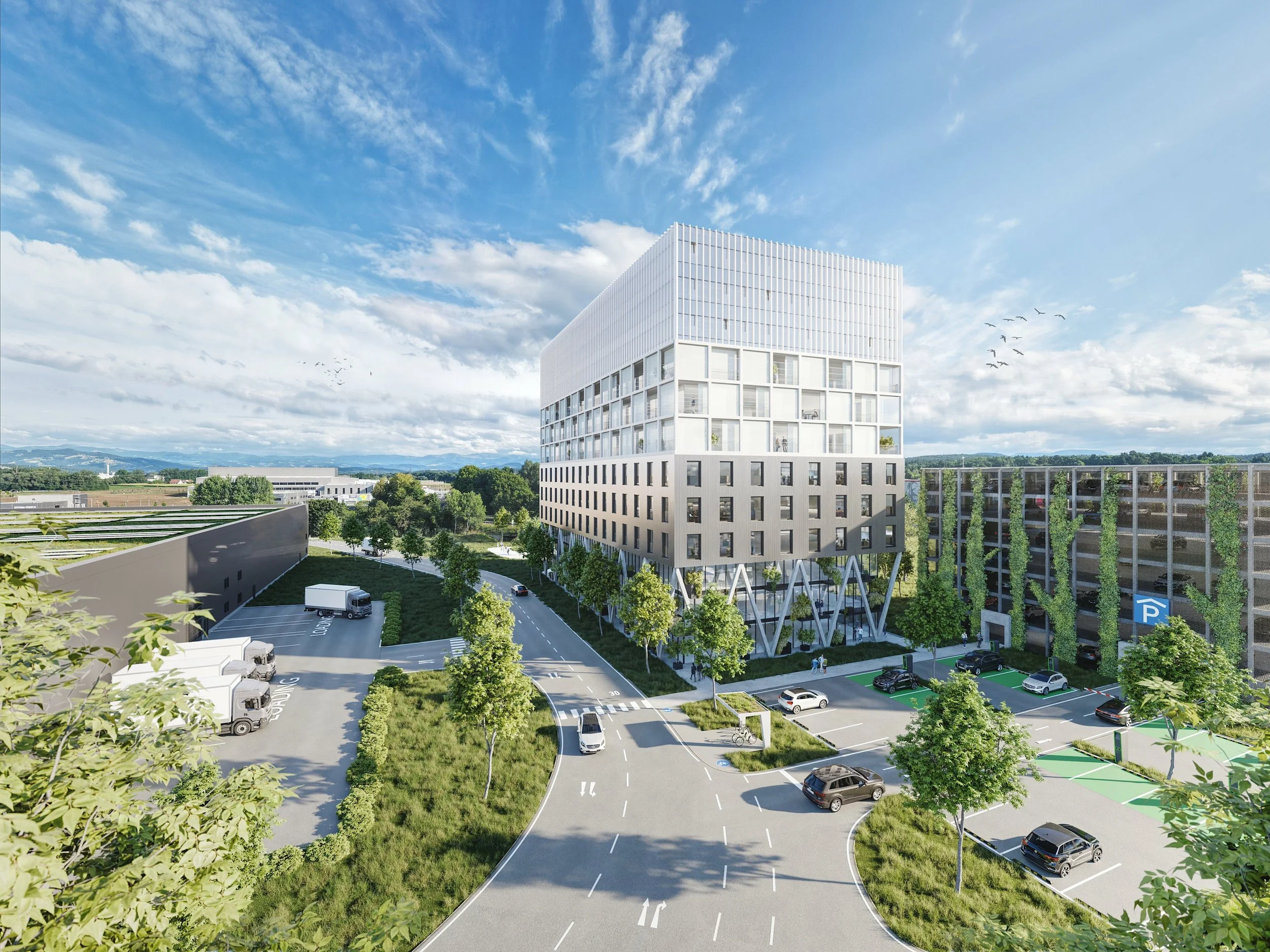 3D visualization of a modern high-rise building with segmented design, parking spaces and trees in an urban environment by day