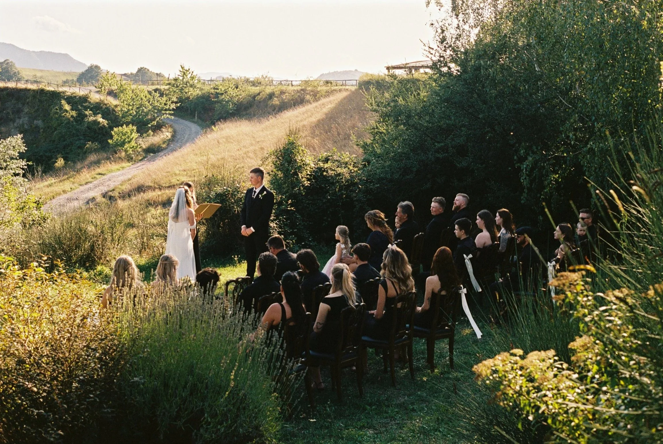 Outdoor wedding ceremony with bride and groom standing in front of officiant, surrounded by seated guests in a scenic natural setting with trees and hills.