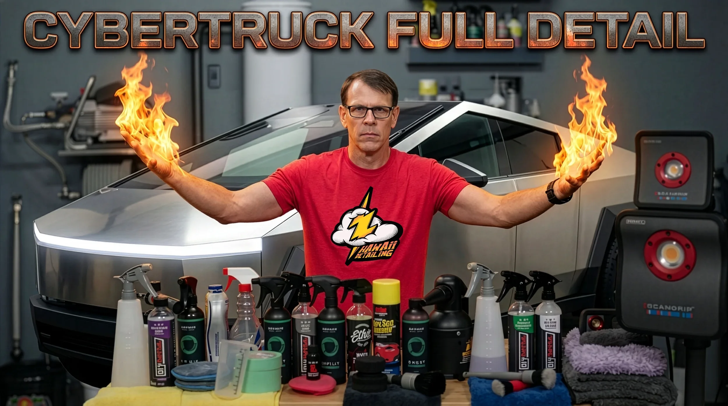 A man wearing glasses and a red T-shirt with a lightning bolt and cloud logo stands in a garage, surrounded by car detailing supplies, with a futuristic silver car in the background. He has his arms raised with flames in his hands, and there are speakers and bottles on the table in front of him.