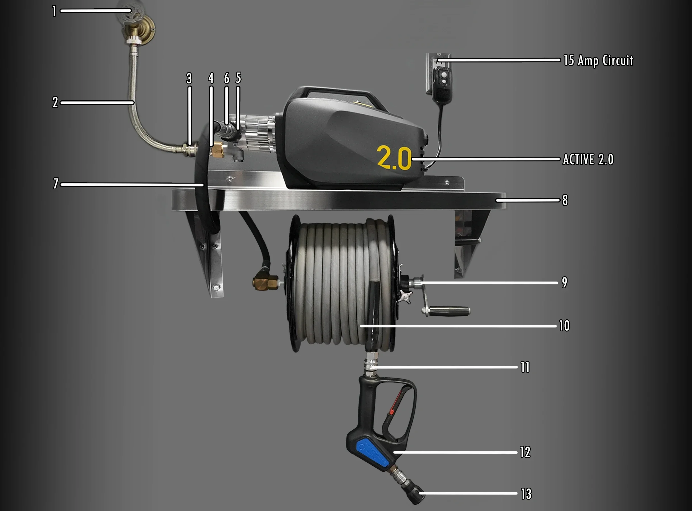 A diagram of a machine with multiple numbered parts, including a hose, electrical connections, a motor, a wheel, a handle, and various labels indicating electrical components and specifications.