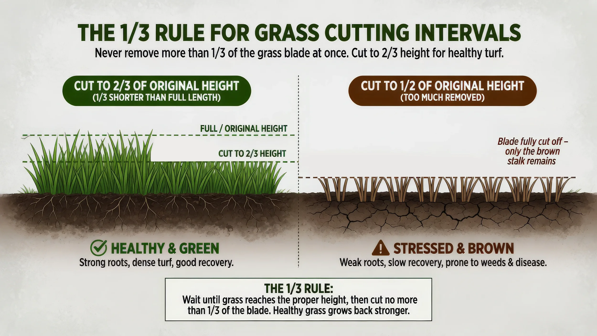 Diagram explaining the 1/3 rule for grass cutting intervals, showing two sections of grass. The left section depicts healthy, green grass with strong roots, to be cut to 2/3 of its original height. The right section shows stressed, brown grass with weak roots, cut to half its original height, with brown stalks remaining.