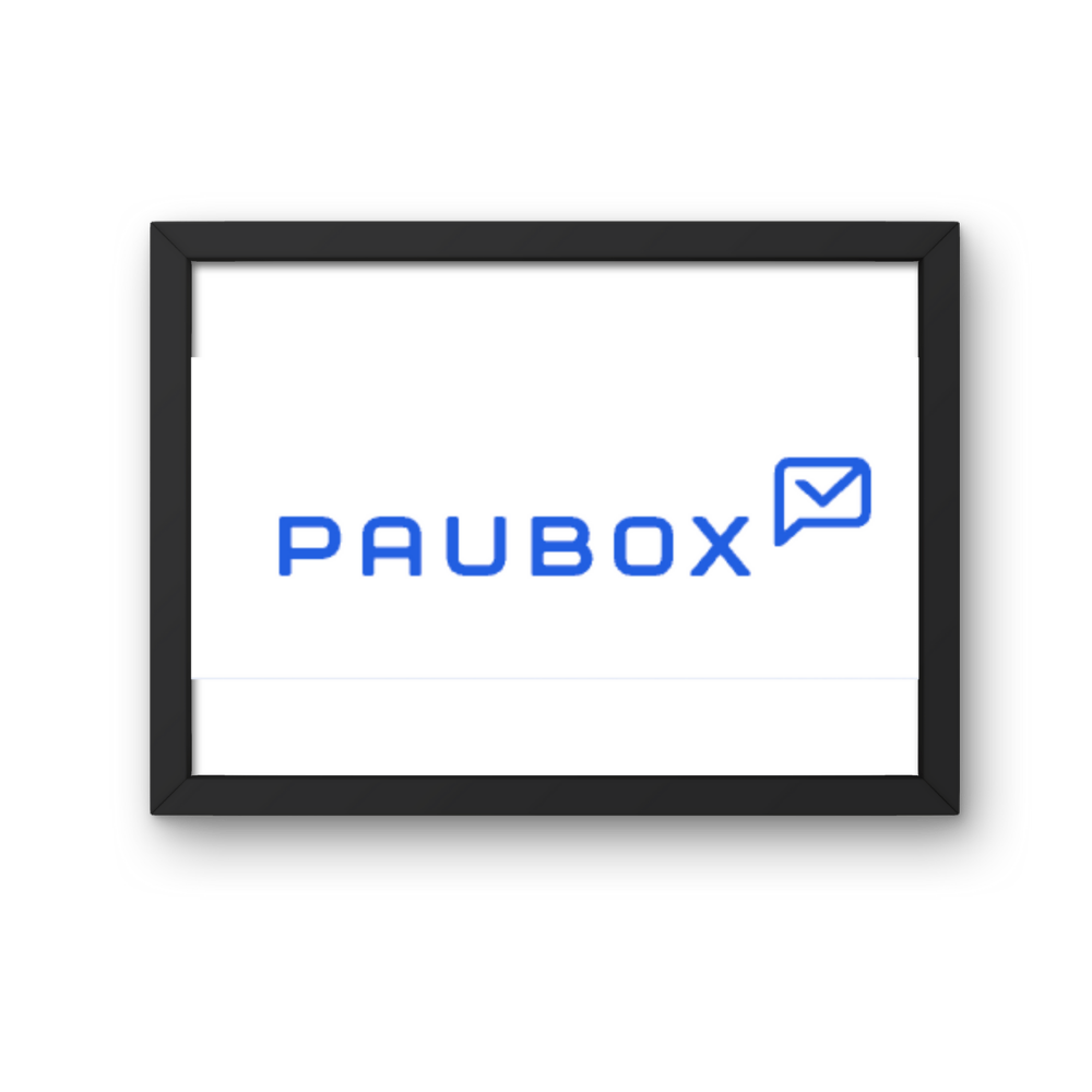 Digital screen displaying the PAUBOX logo with a speech bubble icon.