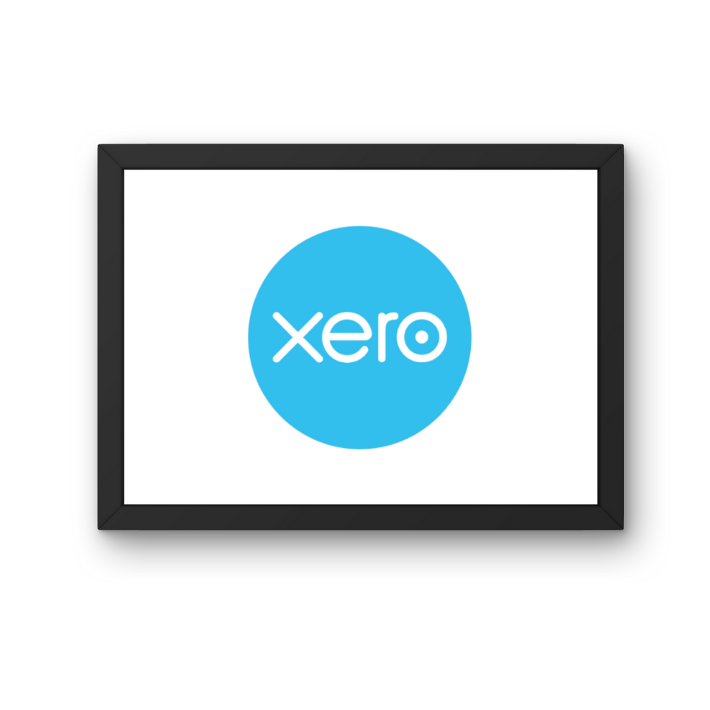 Framed digital screen displaying the Xero logo, which consists of blue circle with the word 'xero' in lowercase white font inside it.