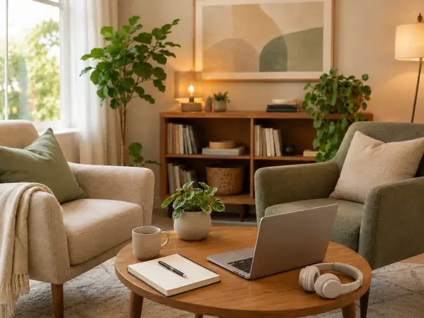 A laptop, notebook, and headphones arranged in a calm home setting for virtual therapy with Savanna.