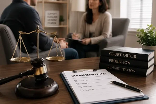 A counselor meets with a client in a therapy office with court-related documents and scales of justice for court-ordered counseling.