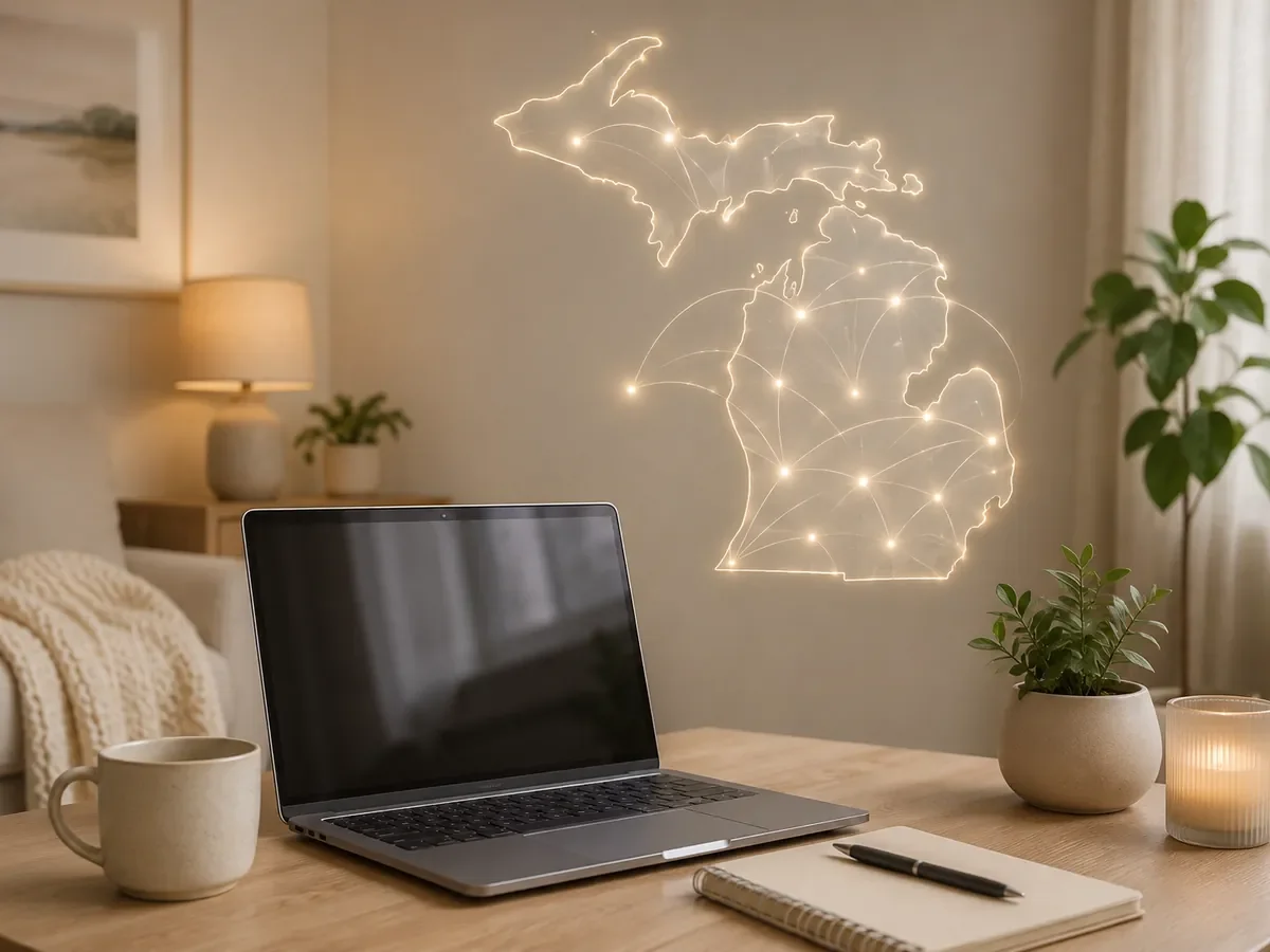 A laptop in a calm home setting with a glowing Michigan map showing virtual therapy access across Michigan.