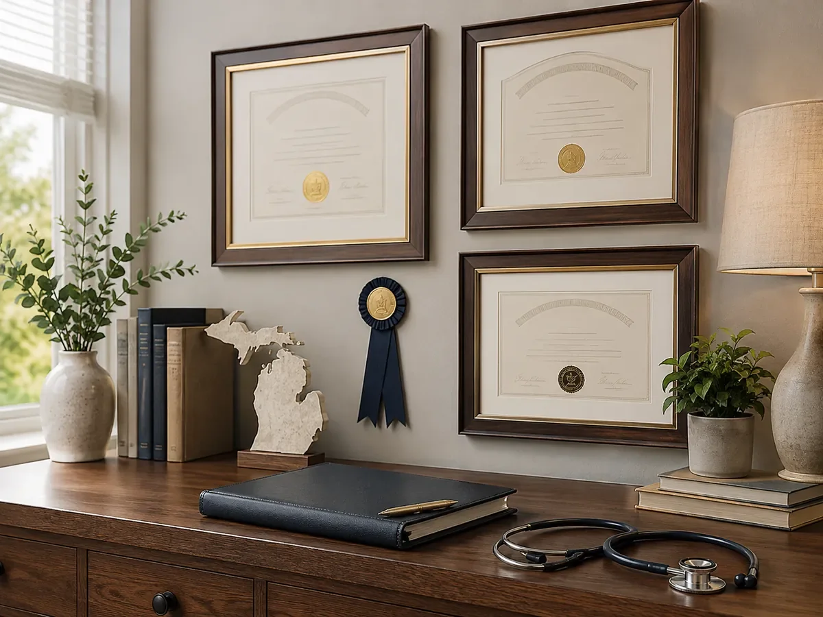 Framed professional credentials, books, a Michigan display, and a stethoscope in a calm office setting for Savanna Weber’s mental health therapy and addiction counseling experience.