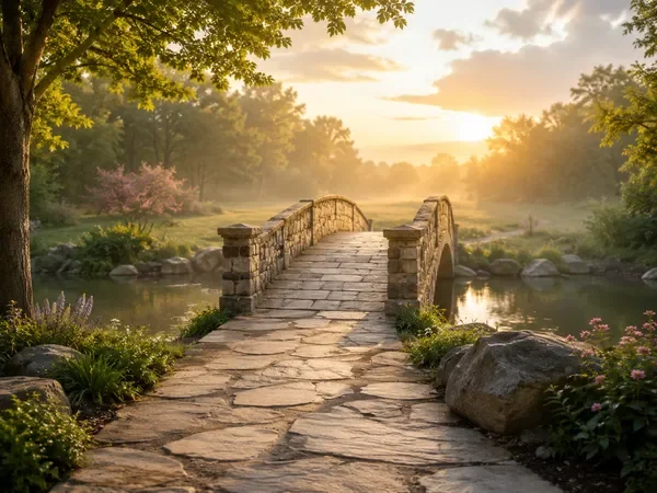 A stone bridge at sunrise over calm water, reflecting the trust and steady progress built during early counseling sessions.