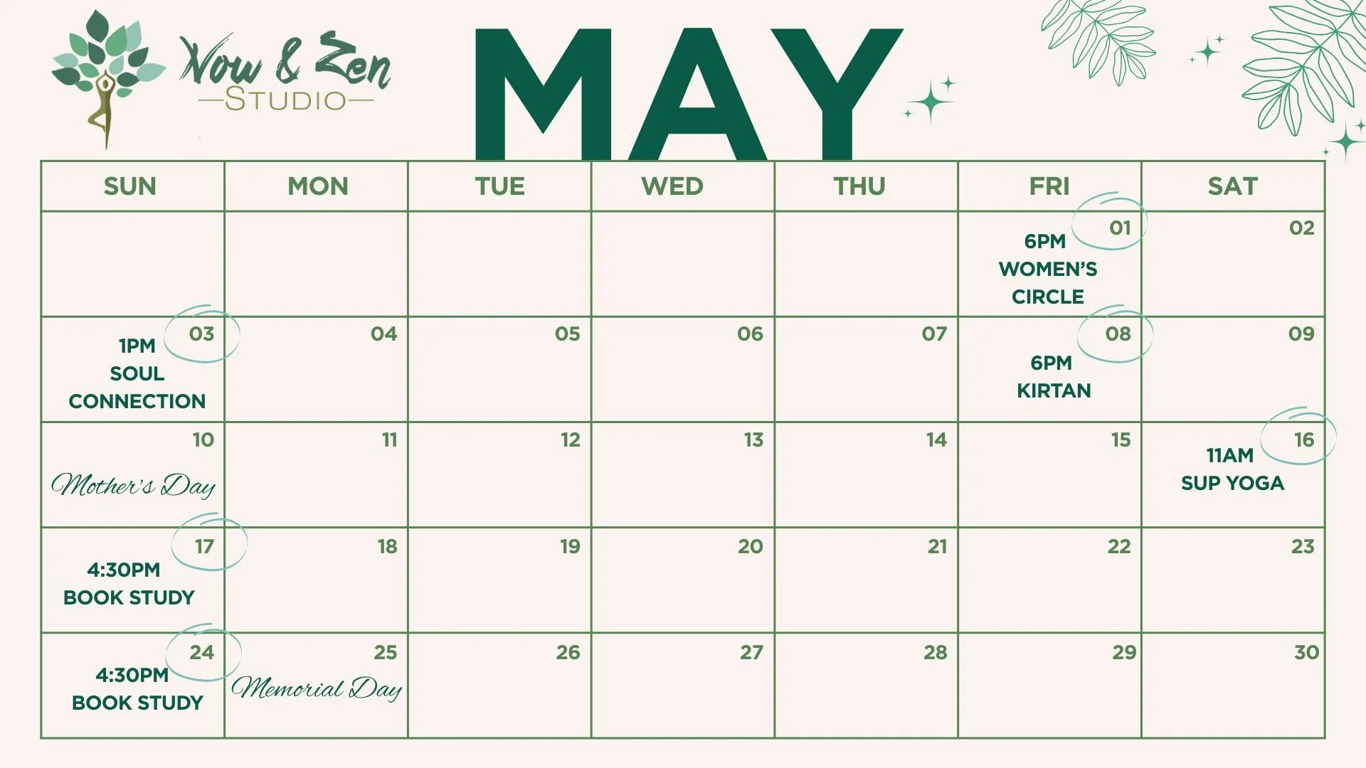 🌸 May Events at Now Zen Studio 🌸

Step into a month of connection, healing, and community. Here&rsquo;s what&rsquo;s happening in May:

✨ May 1 | 6:00pm &ndash; Full Moon Women&rsquo;s Circle (Free)
Honor the Flower Moon in a sacred sisterhood circ