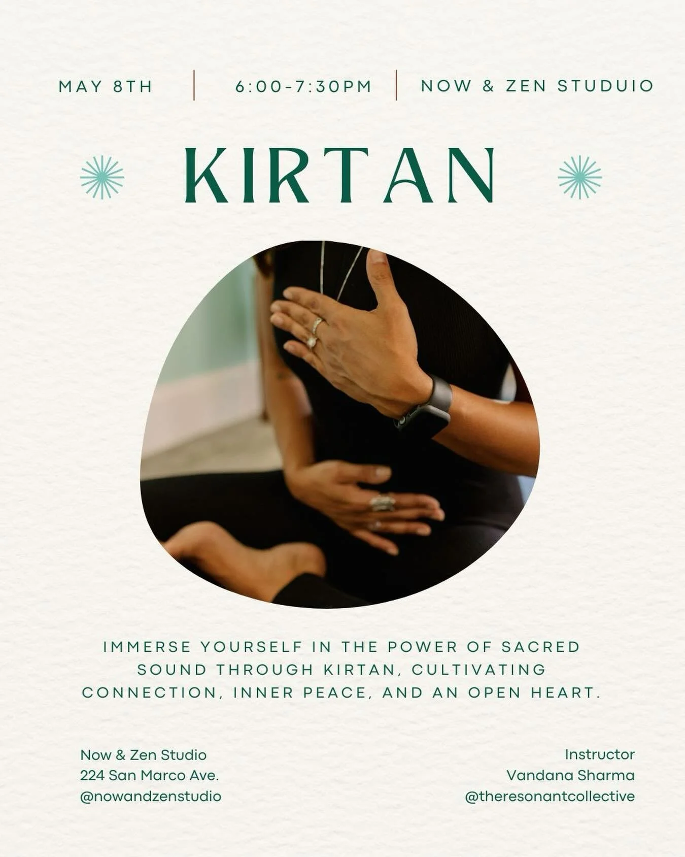 ✨ You&rsquo;re Invited ✨

Join us for a soulful evening of Kirtan &amp; Storytelling this Friday, May 8th at 6PM🌿

What is Kirtan?
Kirtan is a heart-opening, meditative practice rooted in call-and-response chanting. Simple, repetitive melodies make 