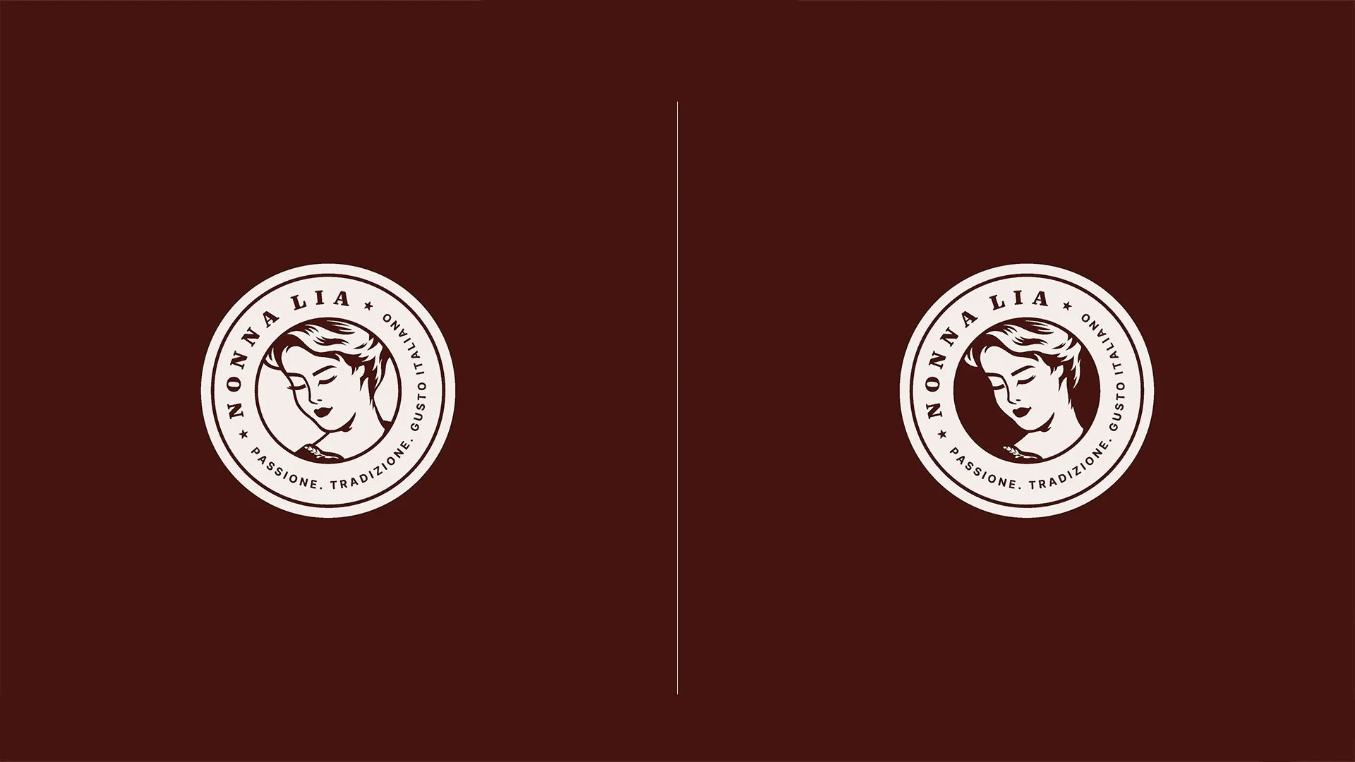 Nonna Lia logos in two version. Off-white colour on dark red background.