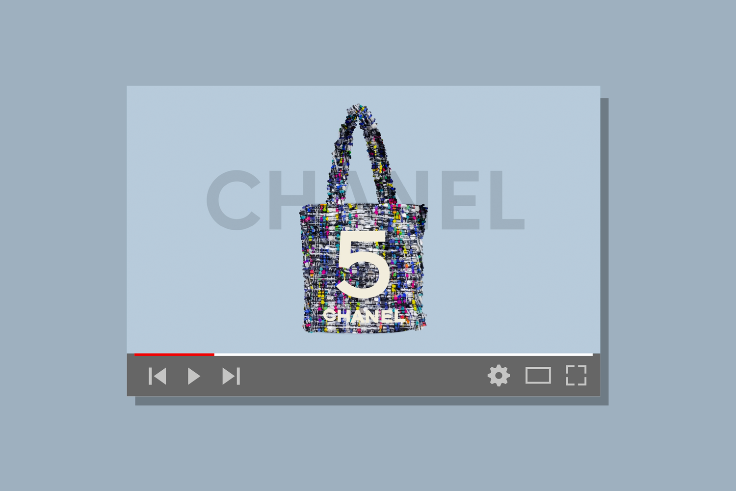 A video player interface displaying a Chanel advertisement with a handbag made of colorful fabric and the number 5 in the center, with the Chanel logo faint in the background.
