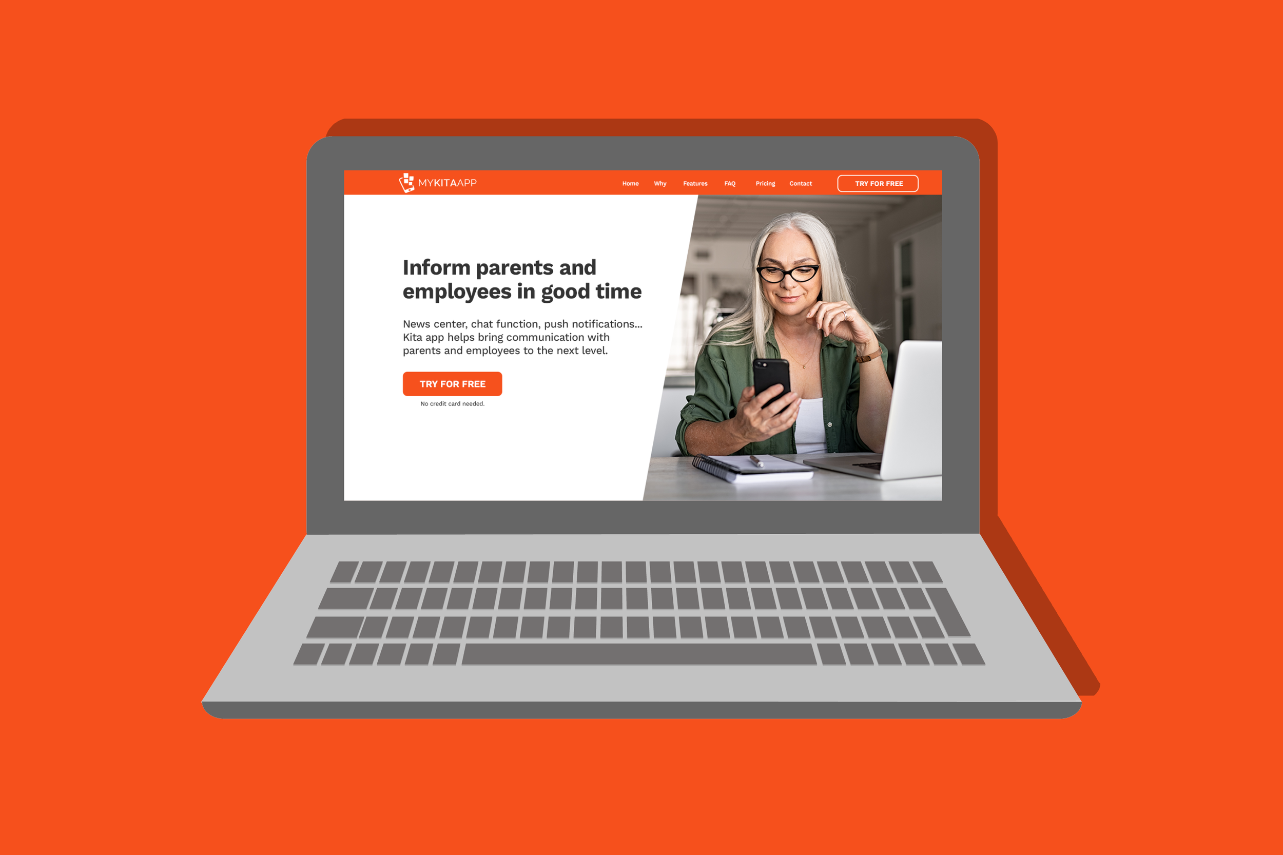 Laptop computer displaying a website for a communication app called MYKITAAPP, with a woman using her phone and a laptop in a bright indoor setting.