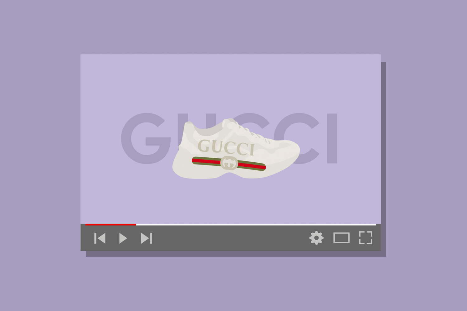 YouTube video thumbnail featuring a pair of Gucci branded sneakers on a purple background with a Gucci box in the backdrop.